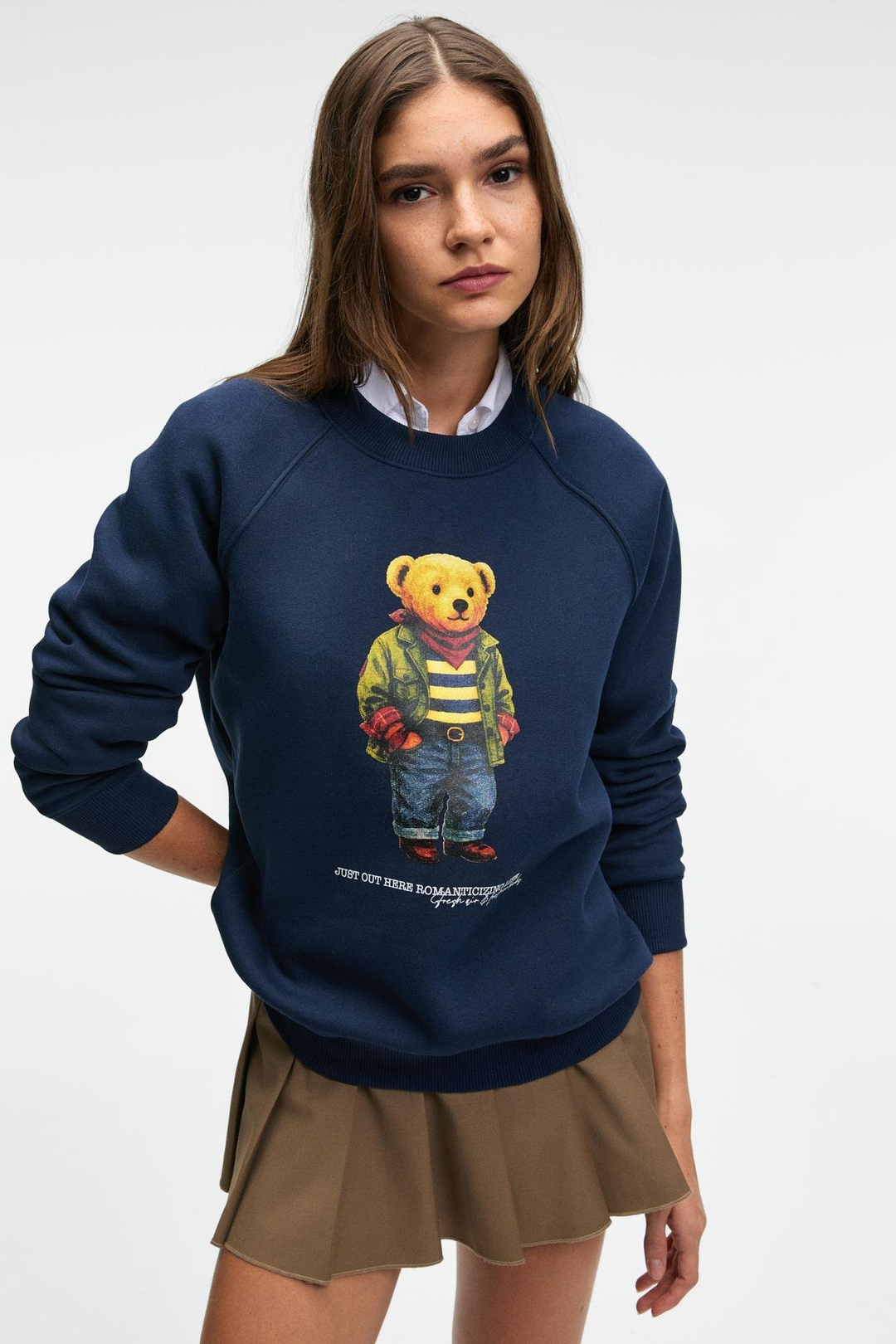 AELORIA Kadın Önü Baskılı Reglan Kol Oversize Lacivert Sweatshirt