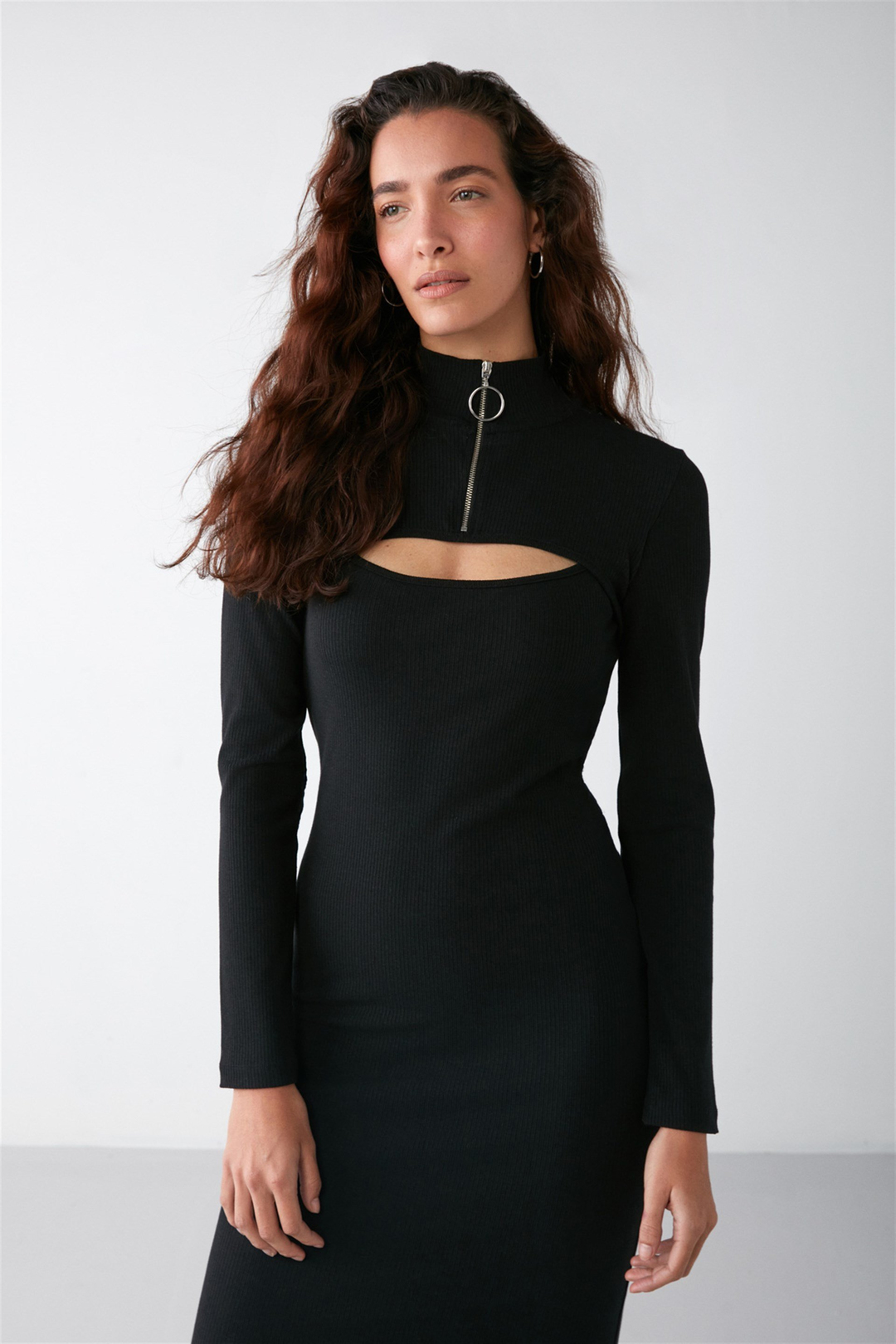 AGATHA Dokuma Slim Fit Siyah Tekli Elbise