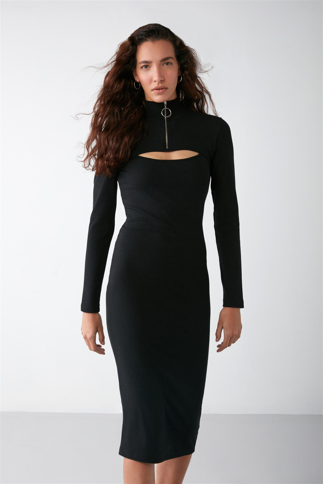 AGATHA Dokuma Slim Fit Siyah Tekli Elbise
