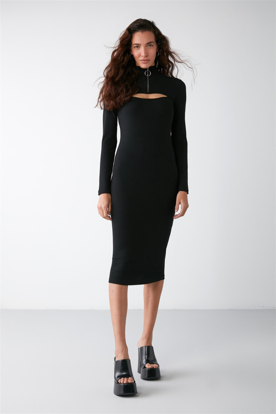 AGATHA Dokuma Slim Fit Siyah Tekli Elbise