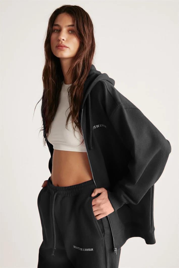 AMETIS Kadın İçi Polarlı Nakış Yazı Detaylı Organik Pamuk Oversize Kapüşonlu Siyah Sweatshirt