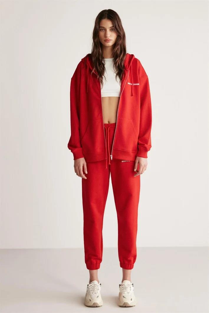AMETIS Kadın İçi Polarlı Nakış Yazı Detaylı Organik Pamuk Oversize Kapüşonlu Kırmızı Sweatshirt