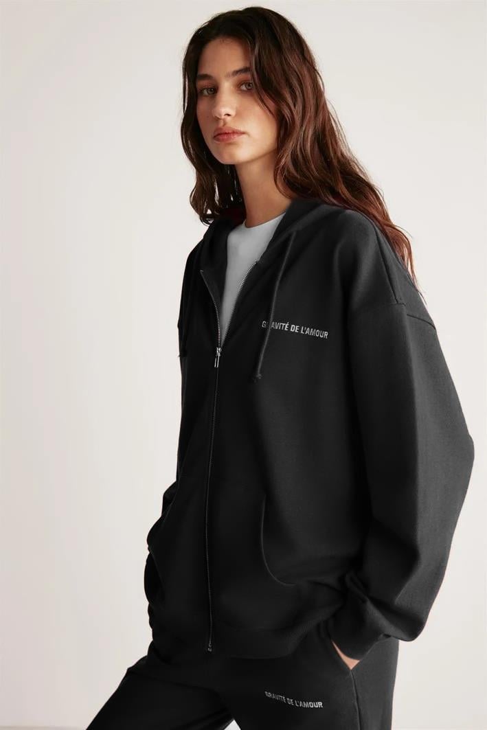 AMETIS Kadın İçi Polarlı Nakış Yazı Detaylı Organik Pamuk Oversize Kapüşonlu Siyah Sweatshirt