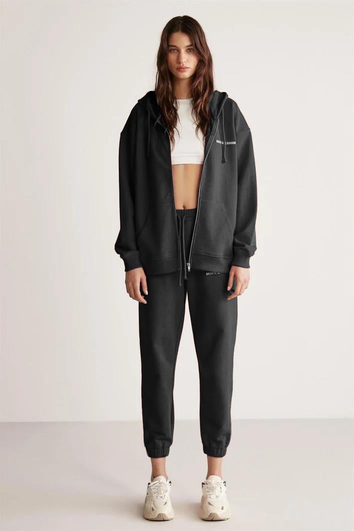 AMETIS Kadın İçi Polarlı Nakış Yazı Detaylı Organik Pamuk Oversize Kapüşonlu Siyah Sweatshirt