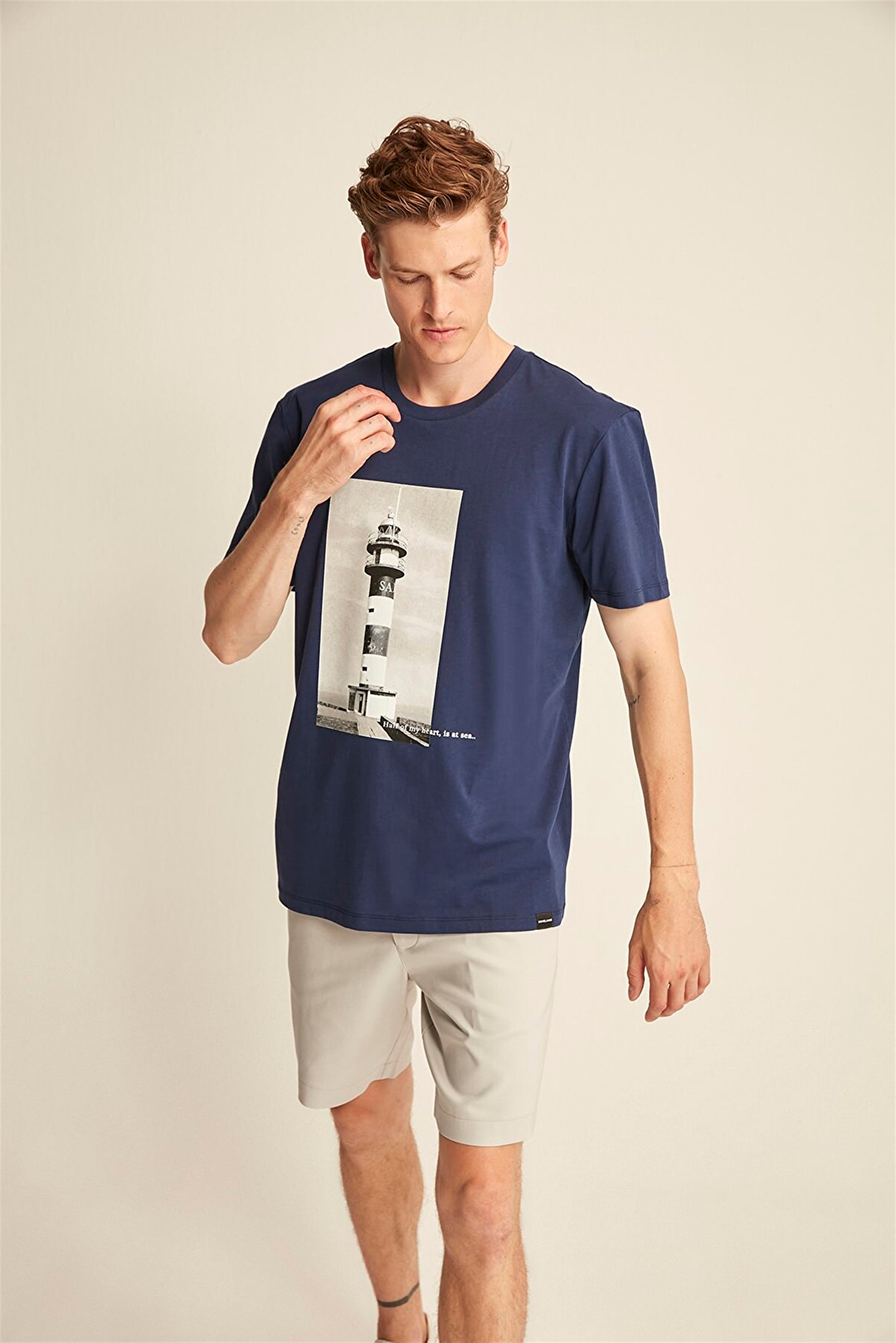 AMIR Erkek Lacivert Baskılı Yuvarlak Yaka Comfort Fit T-Shirt