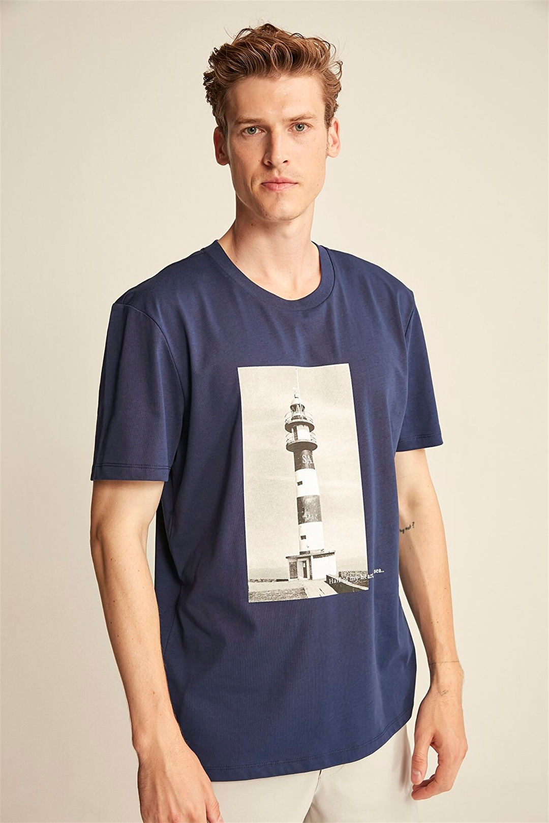 AMIR Erkek Lacivert Baskılı Yuvarlak Yaka Comfort Fit T-Shirt