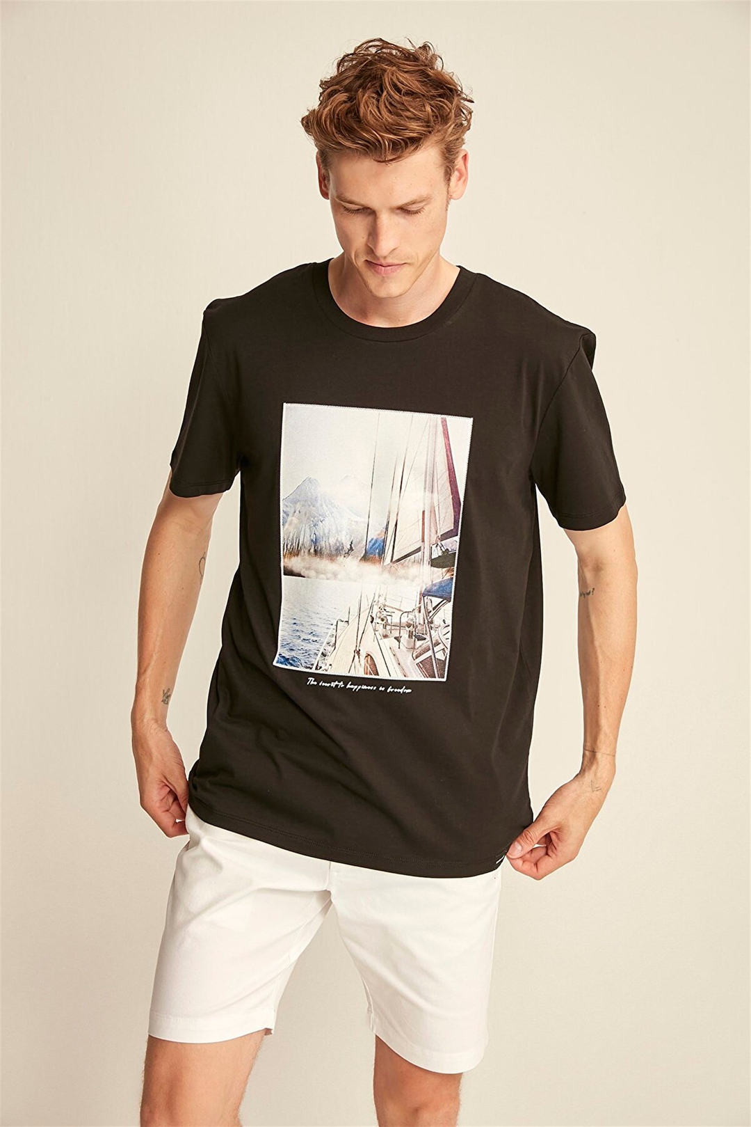 AMIR Erkek Siyah Baskılı Yuvarlak Yaka Comfort Fit T-Shirt