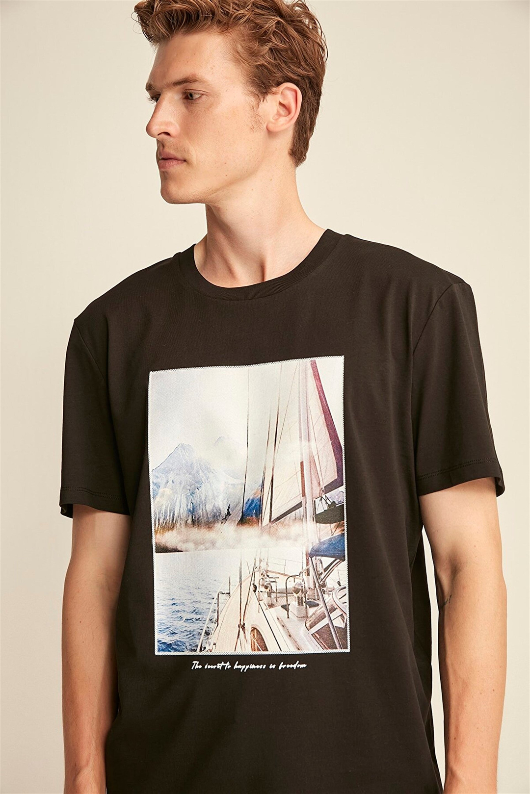 AMIR Erkek Siyah Baskılı Yuvarlak Yaka Comfort Fit T-Shirt