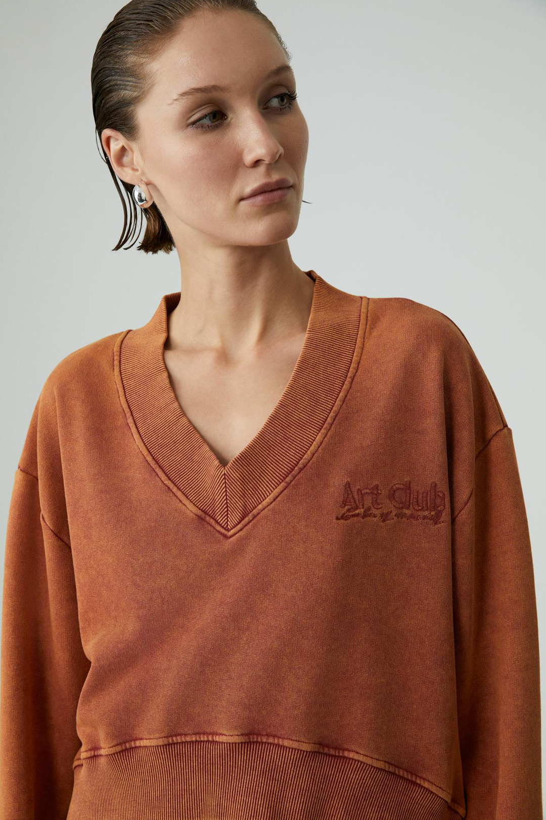 ANDREITA Kadın V Yakalı Asimetrik Oversize Turuncu Sweatshirt