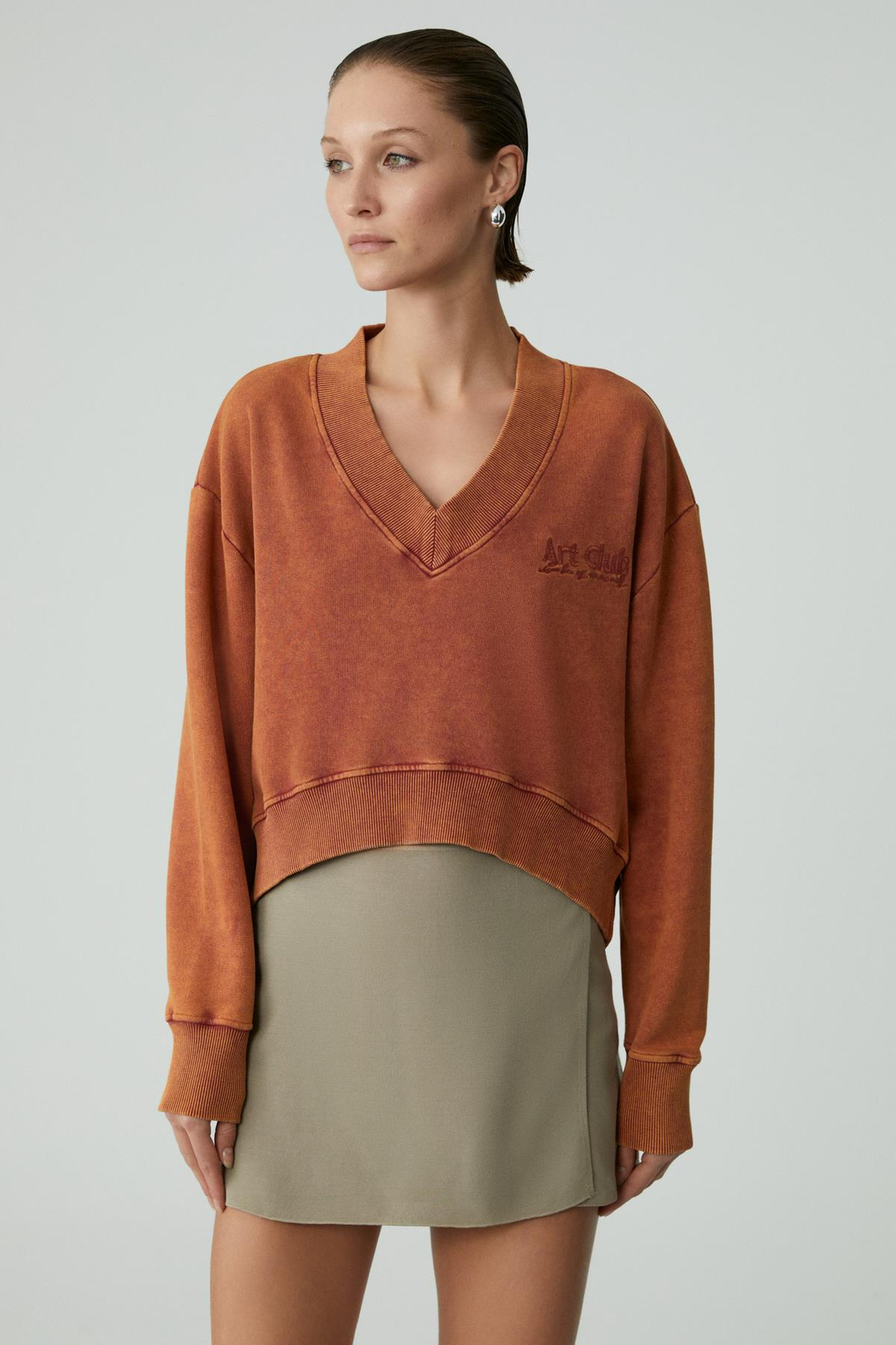 ANDREITA Kadın V Yakalı Asimetrik Oversize Turuncu Sweatshirt