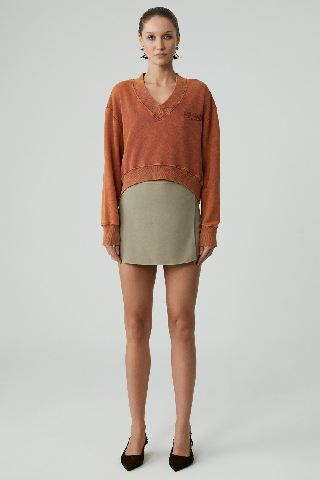 ANDREITA Kadın V Yakalı Asimetrik Oversize Turuncu Sweatshirt