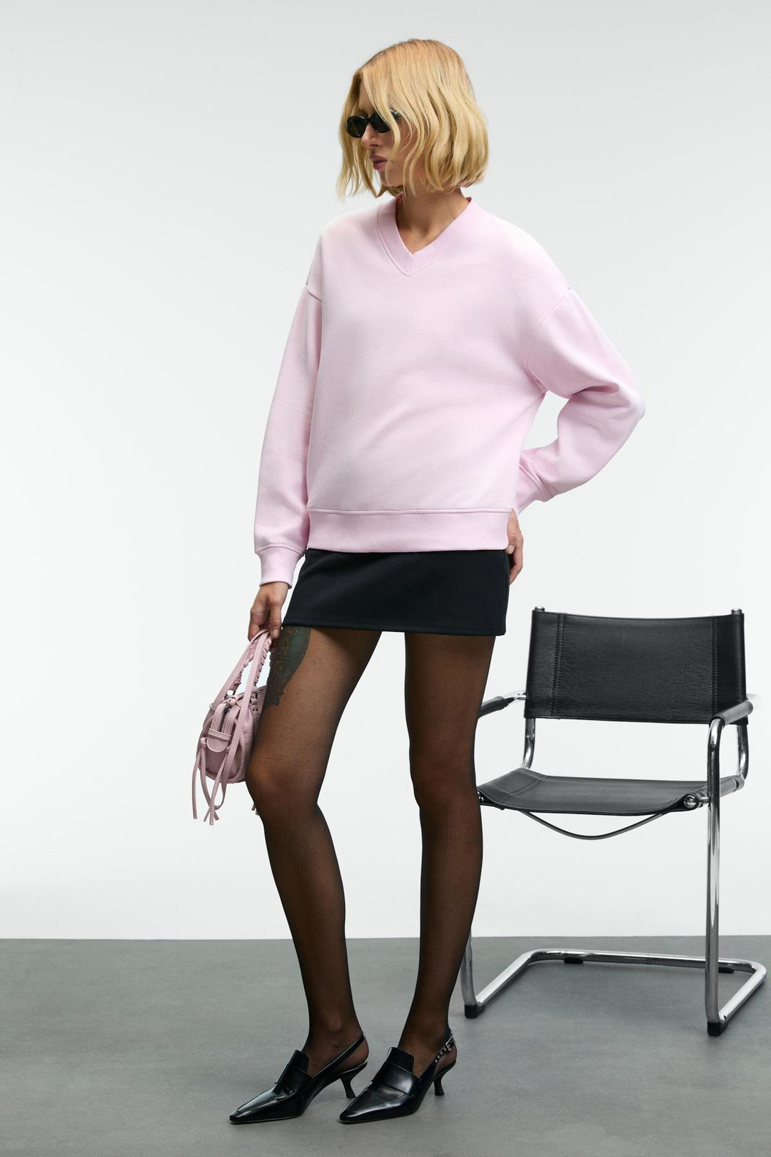 ARINEL Kadın V Yaka Regular Fit Pembe Sweatshirt