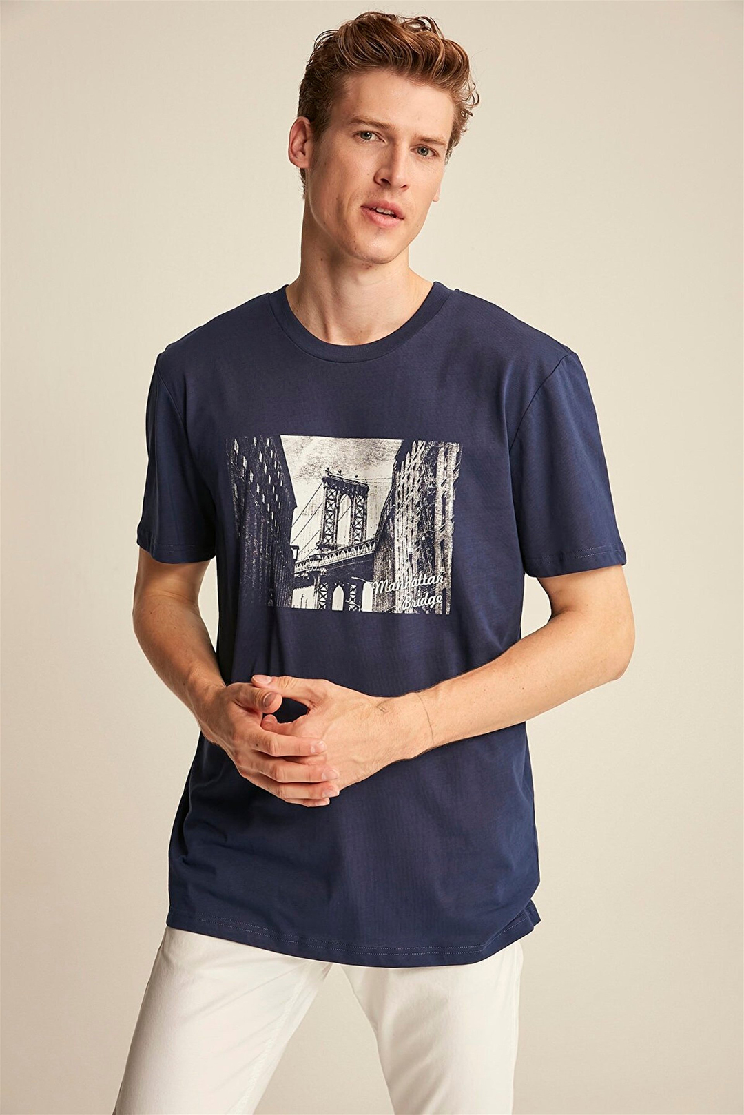 ASHTON Erkek Lacivert Baskılı Yuvarlak Yaka Comfort Fit T-Shirt