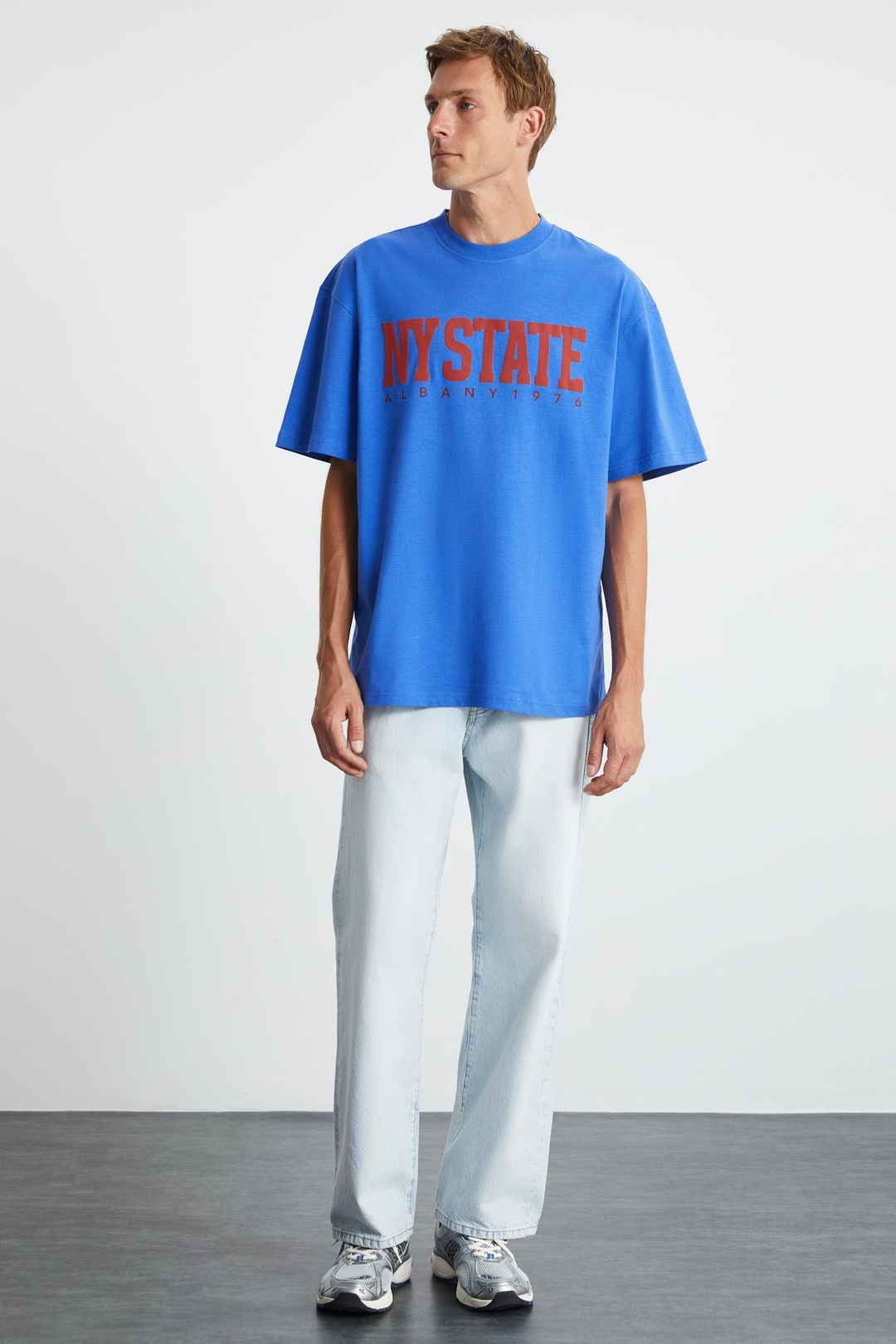 ATLANTA Basic Oversize Parlament Mavi Tekli T-Shirt