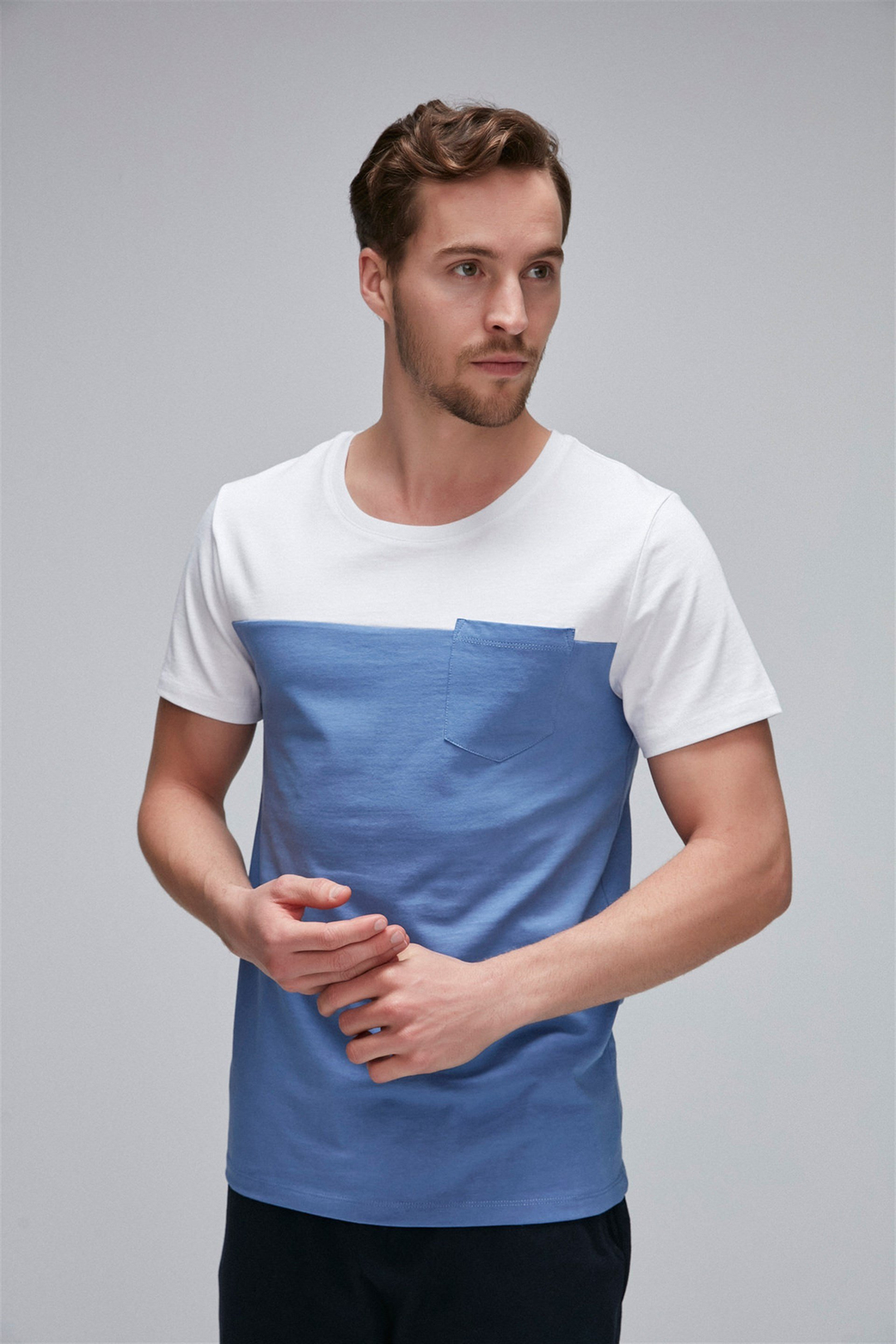AYDEN Erkek Mavi Renk Bloklu Yuvarlak Yaka Comfort Fit T-Shirt