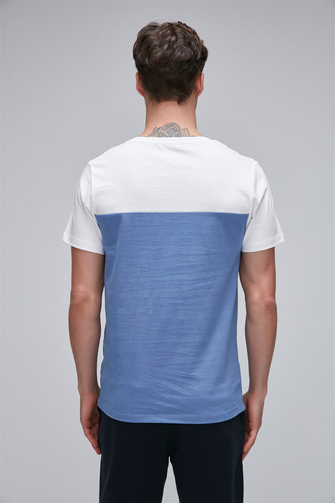 AYDEN Erkek Mavi Renk Bloklu Yuvarlak Yaka Comfort Fit T-Shirt