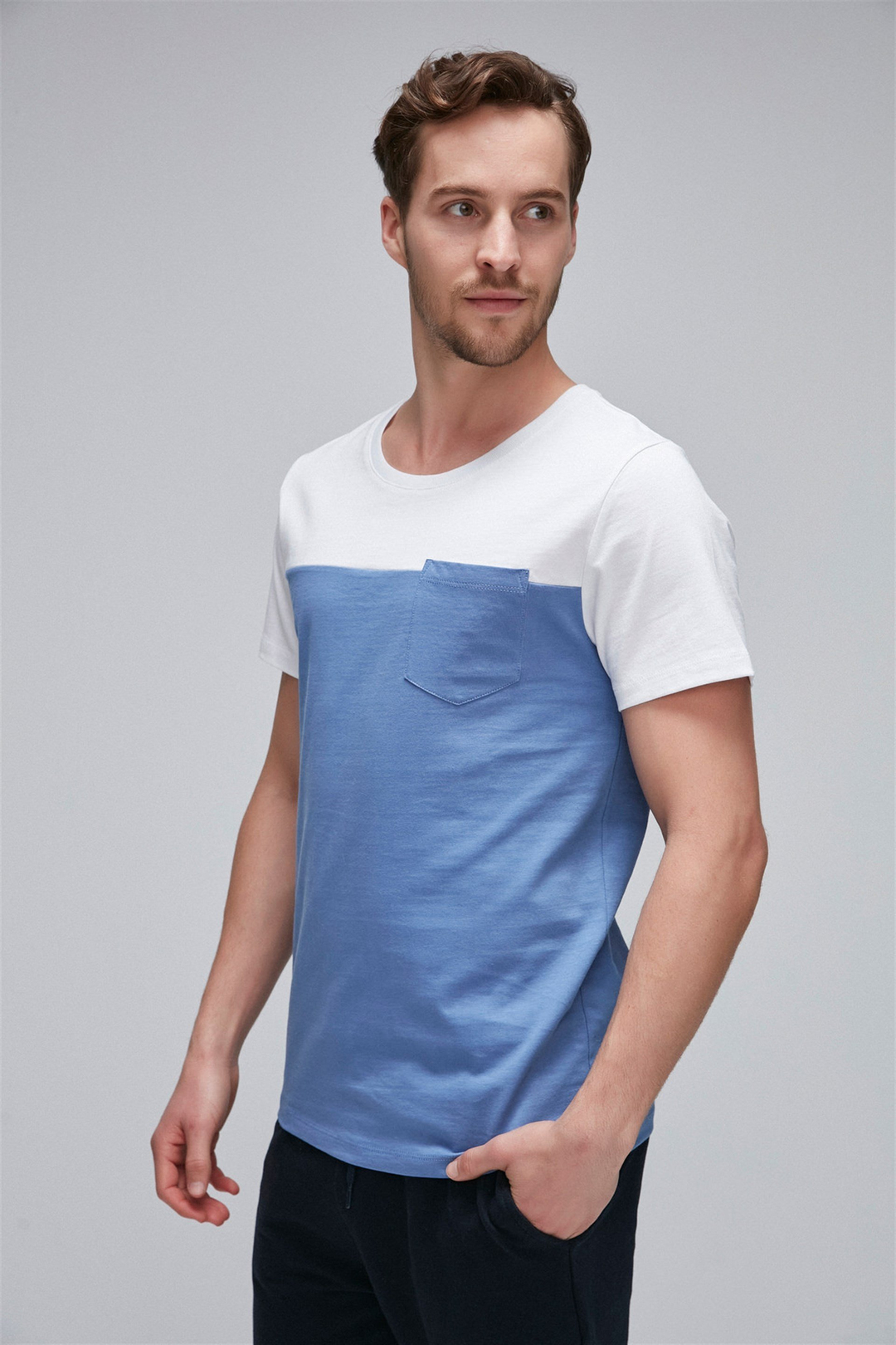 AYDEN Erkek Mavi Renk Bloklu Yuvarlak Yaka Comfort Fit T-Shirt