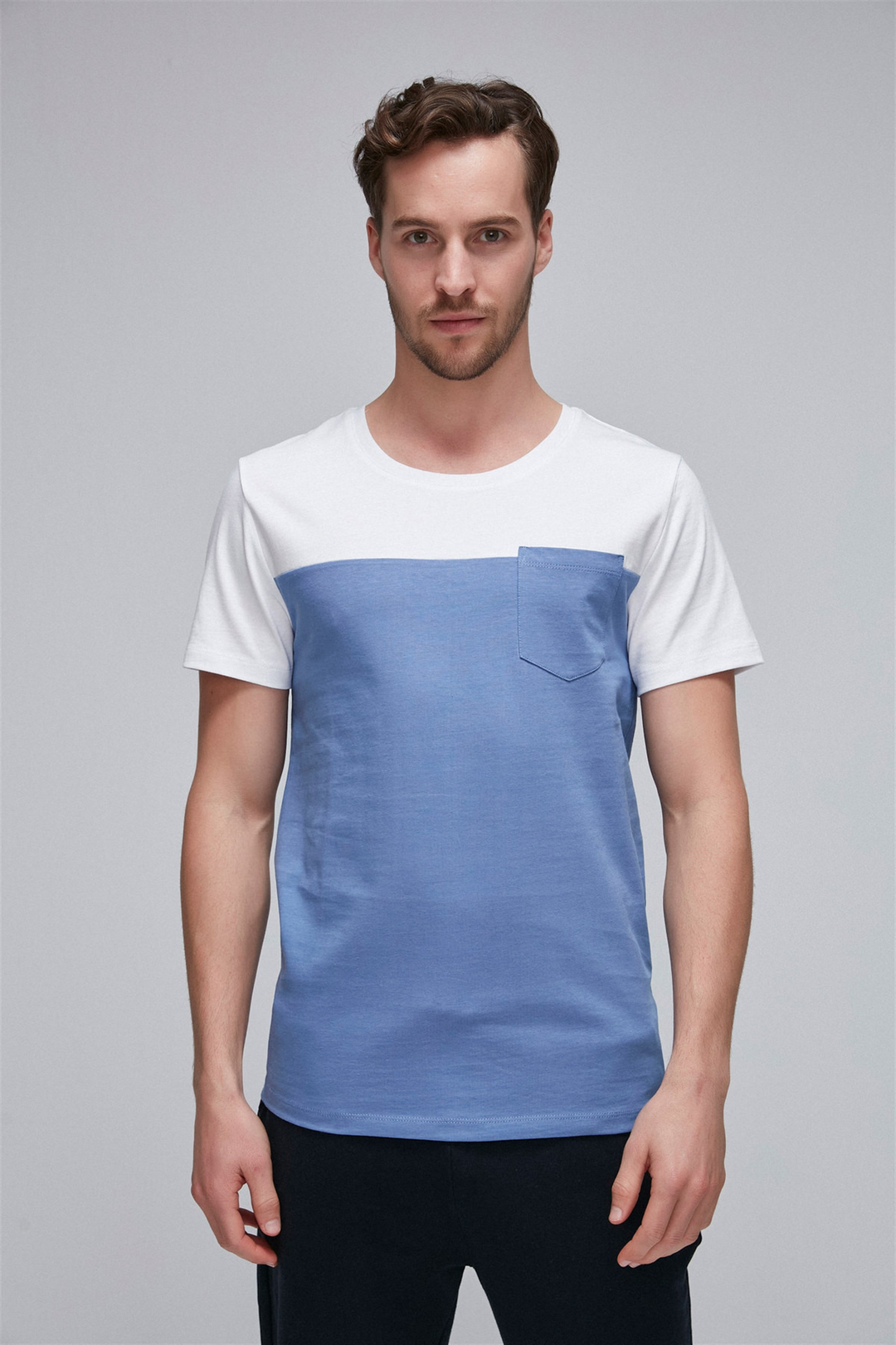 AYDEN Erkek Mavi Renk Bloklu Yuvarlak Yaka Comfort Fit T-Shirt