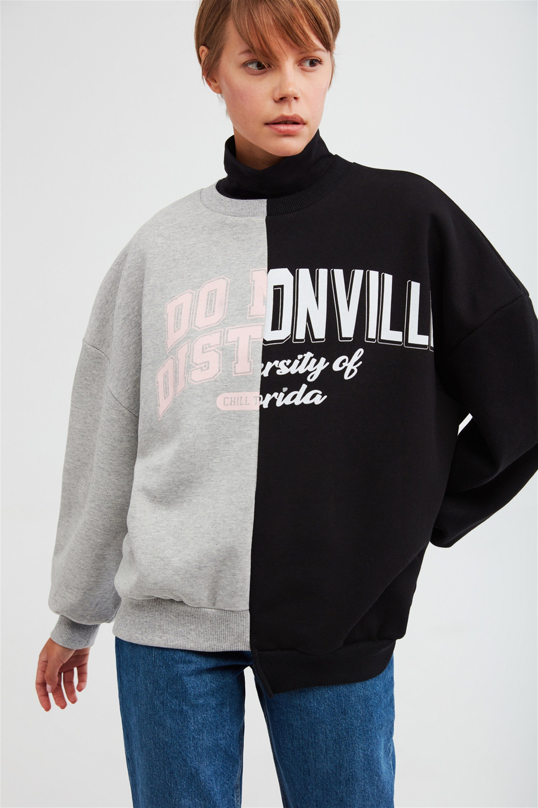 AZURE Kadın Gri Renk Bloklu ve Baskılı Yuvarlak Yaka Oversıze Sweatshirt