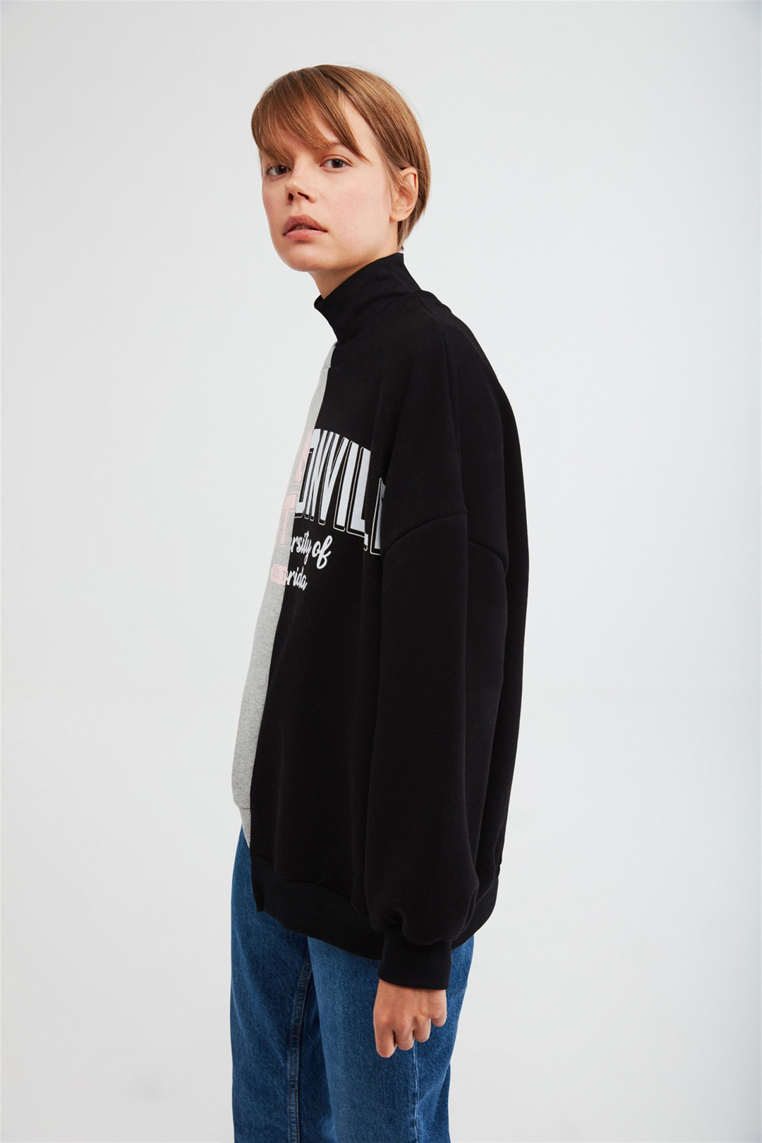 AZURE Kadın Gri Renk Bloklu ve Baskılı Yuvarlak Yaka Oversıze Sweatshirt