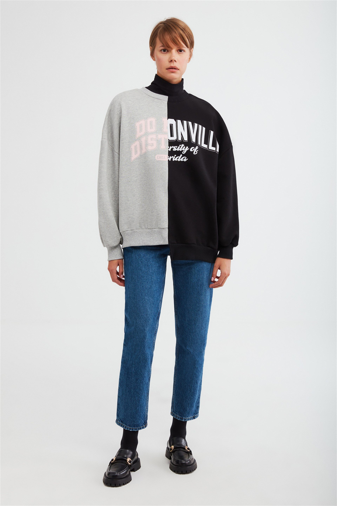 AZURE Kadın Gri Renk Bloklu ve Baskılı Yuvarlak Yaka Oversıze Sweatshirt