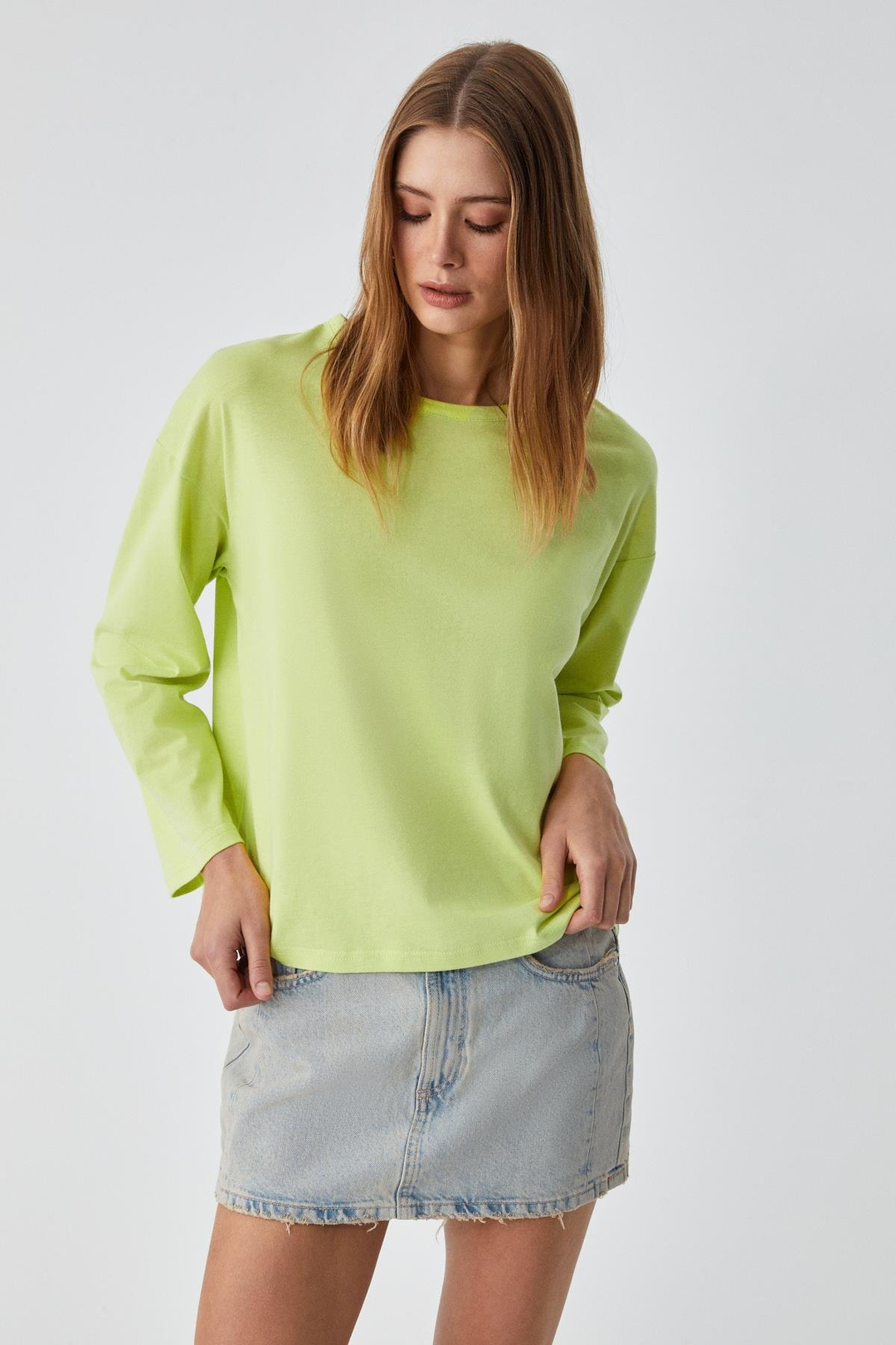 BASIL Kadını Oversize %100 Organik Pamuk Örme Uzun Kol Yeşil T-Shirt