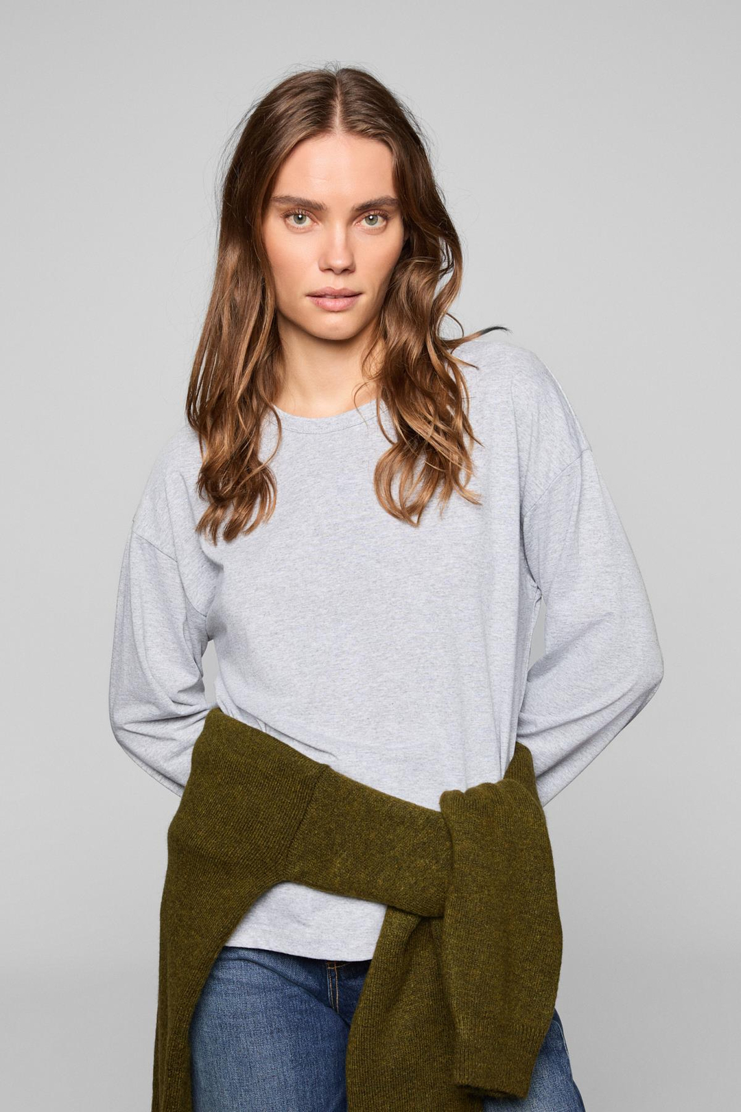 BASIL Kadını Oversize %100 Organik Pamuk Örme Uzun Kol Grimelanj T-Shirt