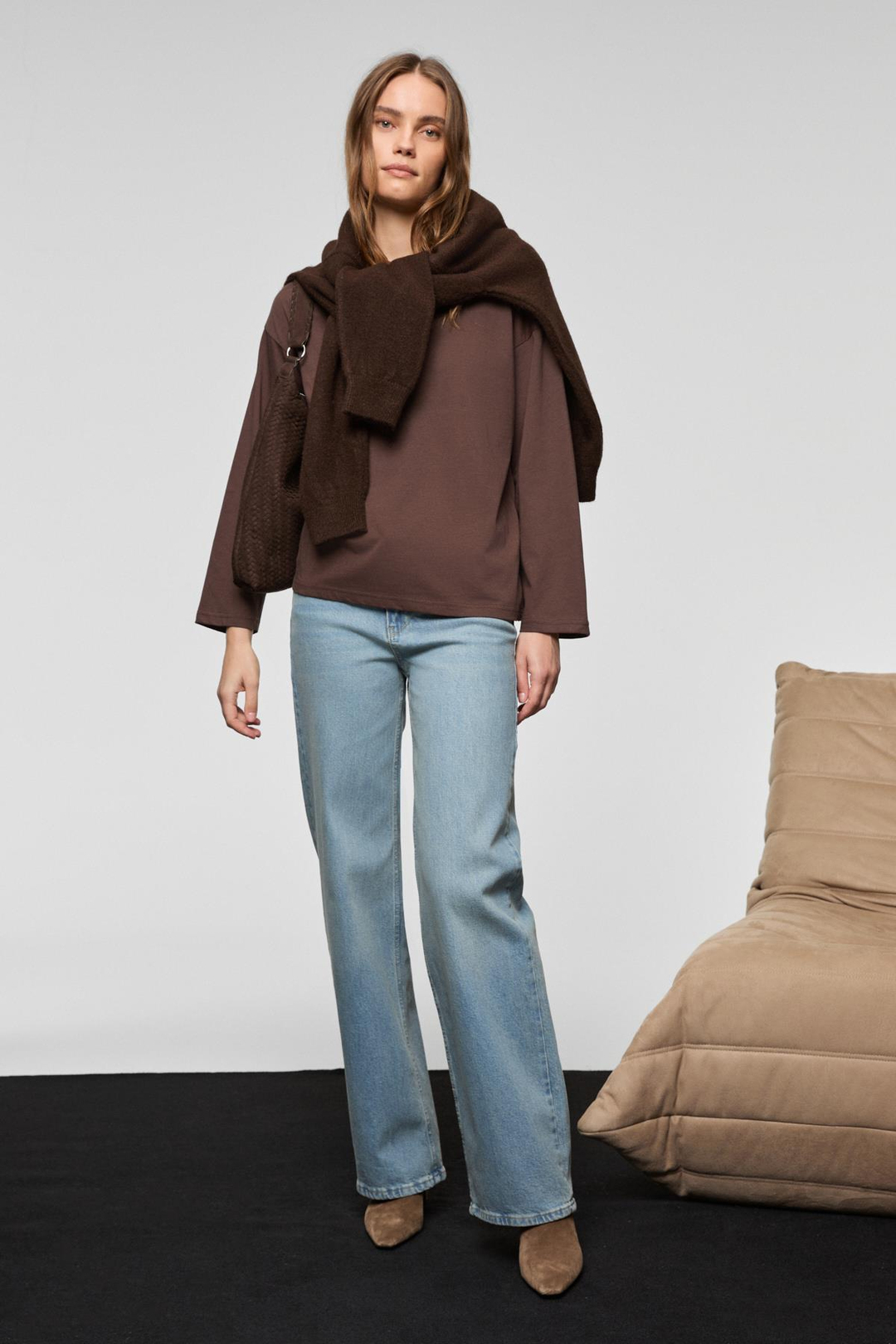 BASIL Kadını Oversize %100 Organik Pamuk Örme Uzun Kol Koyu Kahverengi T-Shirt