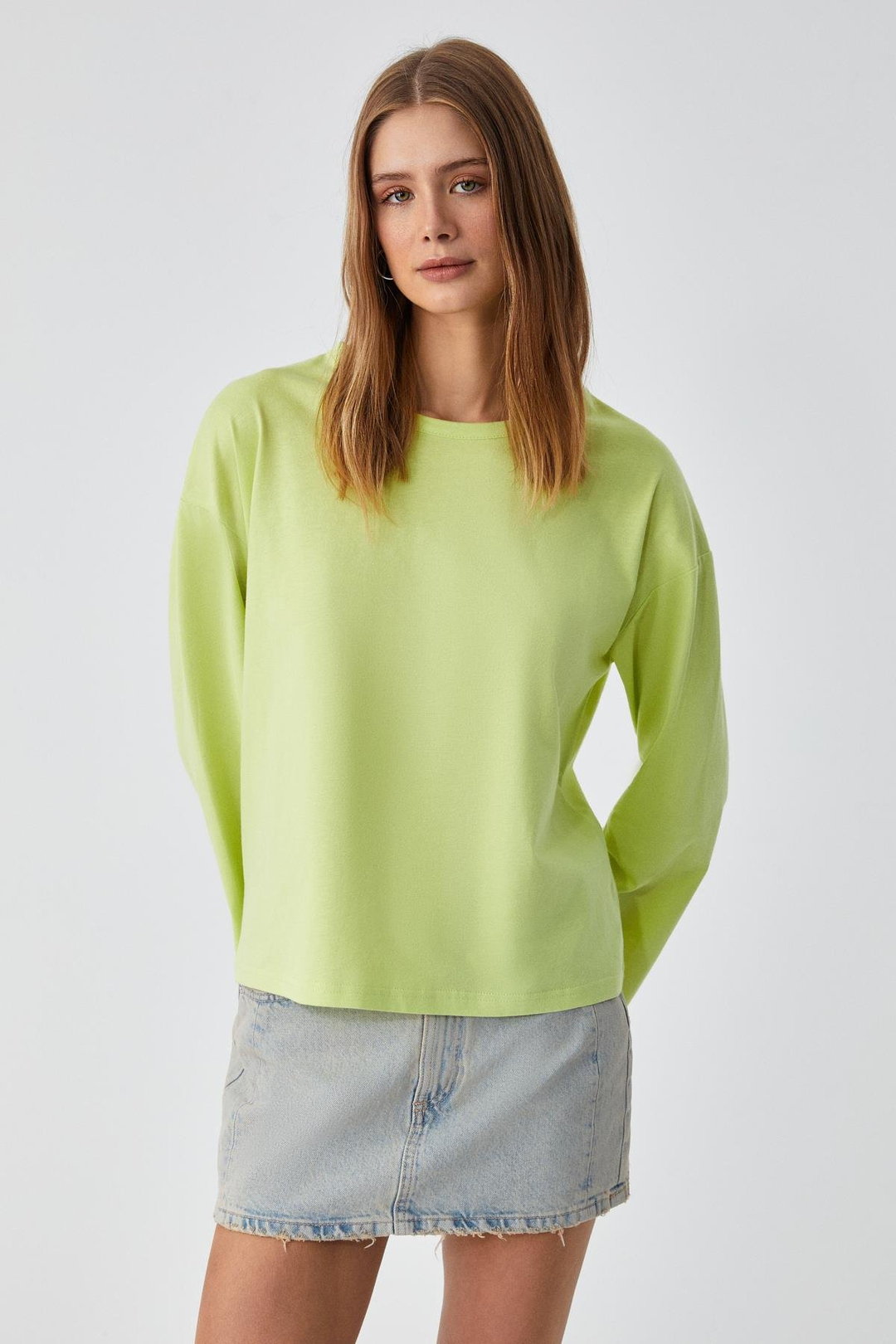 BASIL Kadını Oversize %100 Organik Pamuk Örme Uzun Kol Yeşil T-Shirt