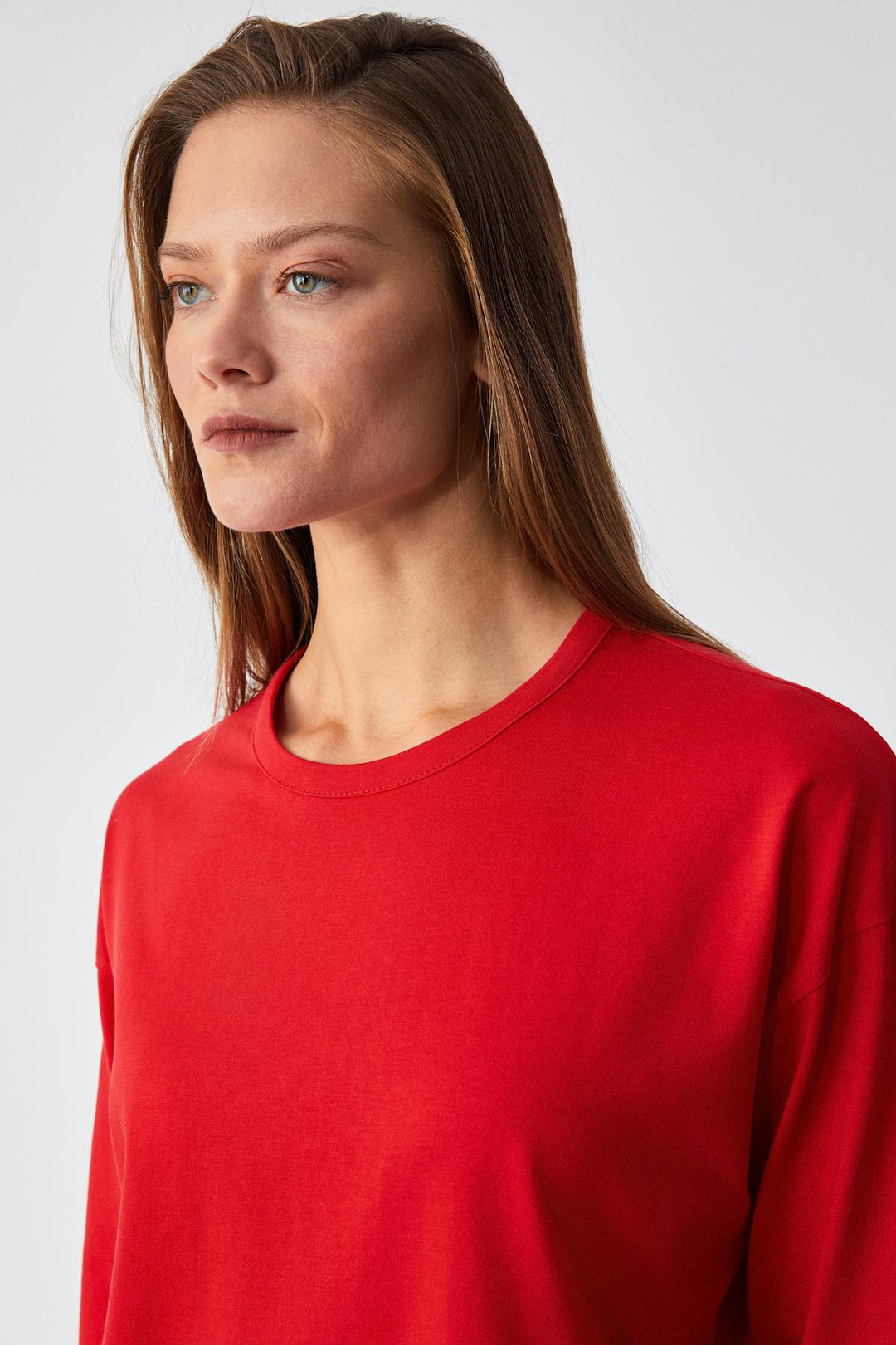 BASIL Kadını Oversize %100 Organik Pamuk Örme Uzun Kol Kırmızı T-Shirt