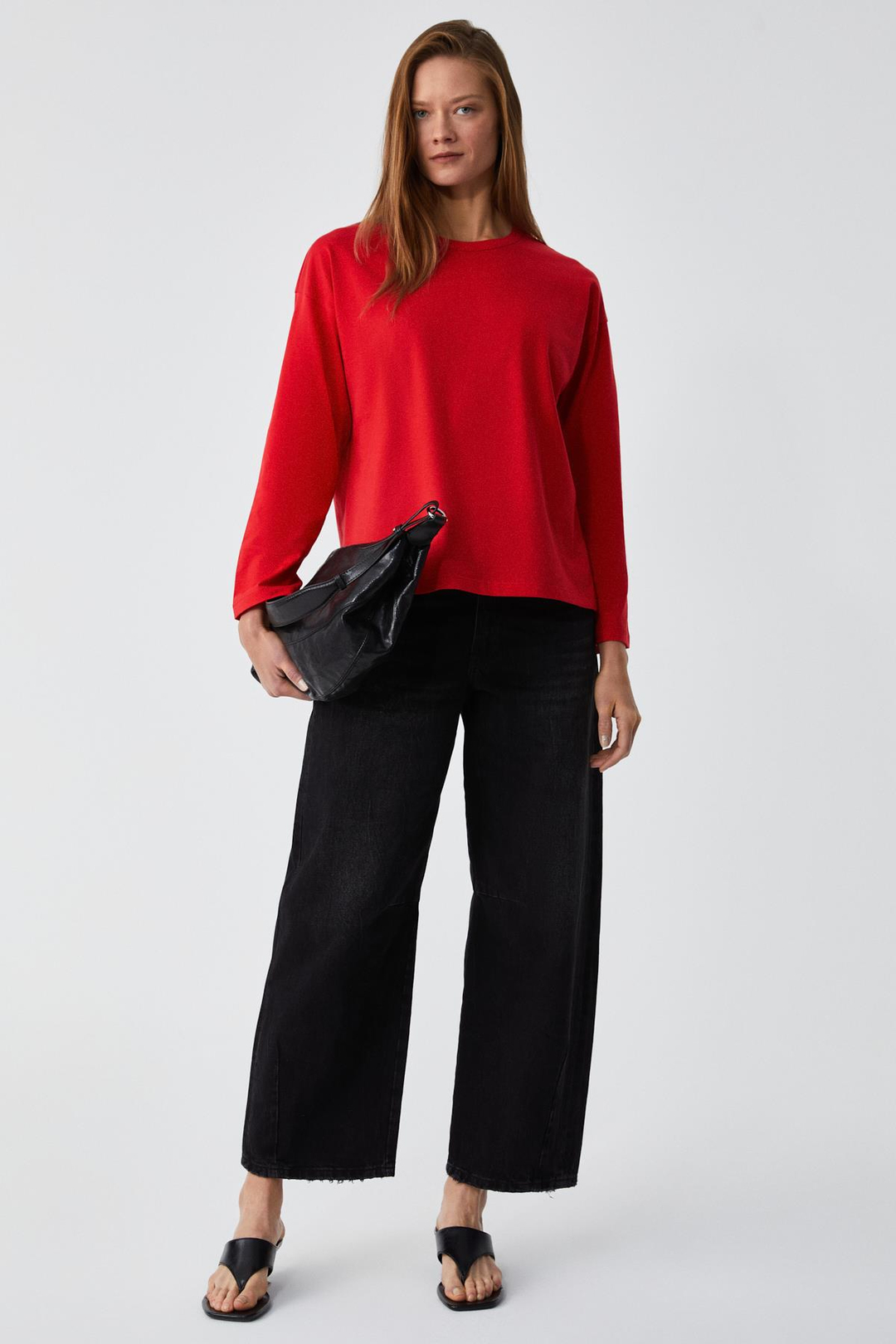 BASIL Kadını Oversize %100 Organik Pamuk Örme Uzun Kol Kırmızı T-Shirt