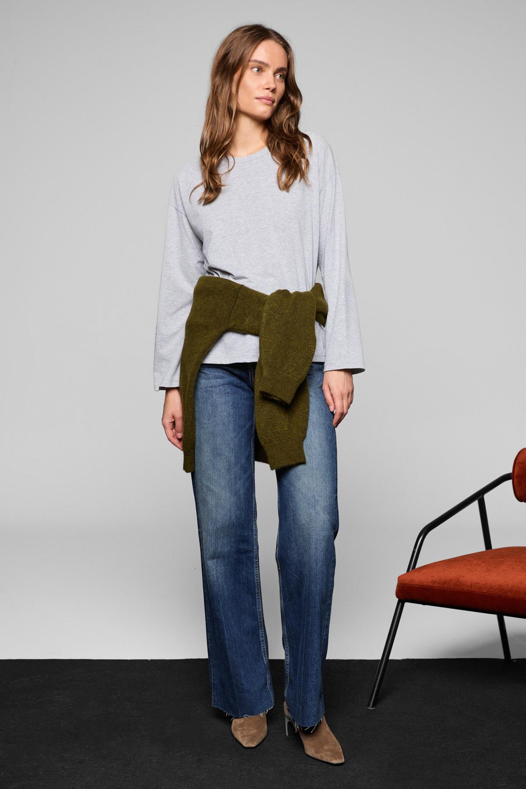 BASIL Kadını Oversize %100 Organik Pamuk Örme Uzun Kol Grimelanj T-Shirt