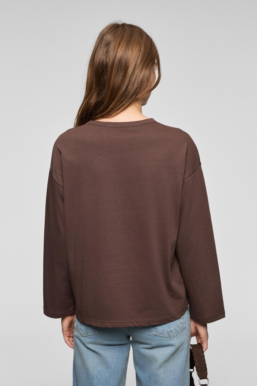 BASIL Kadını Oversize %100 Organik Pamuk Örme Uzun Kol Koyu Kahverengi T-Shirt