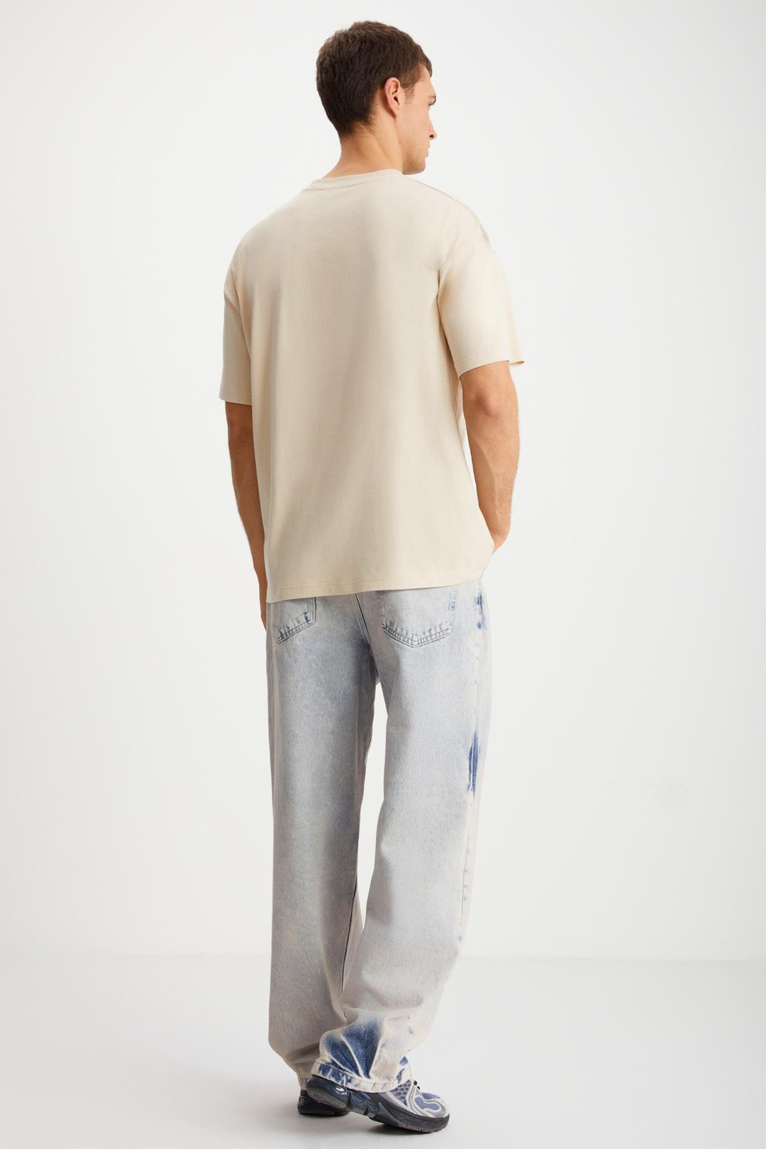 BASTIAN Erkek Sırt Baskı Detaylı Oversize %100 Organik Pamuk Örme Kısa Kol Bej T-Shirt