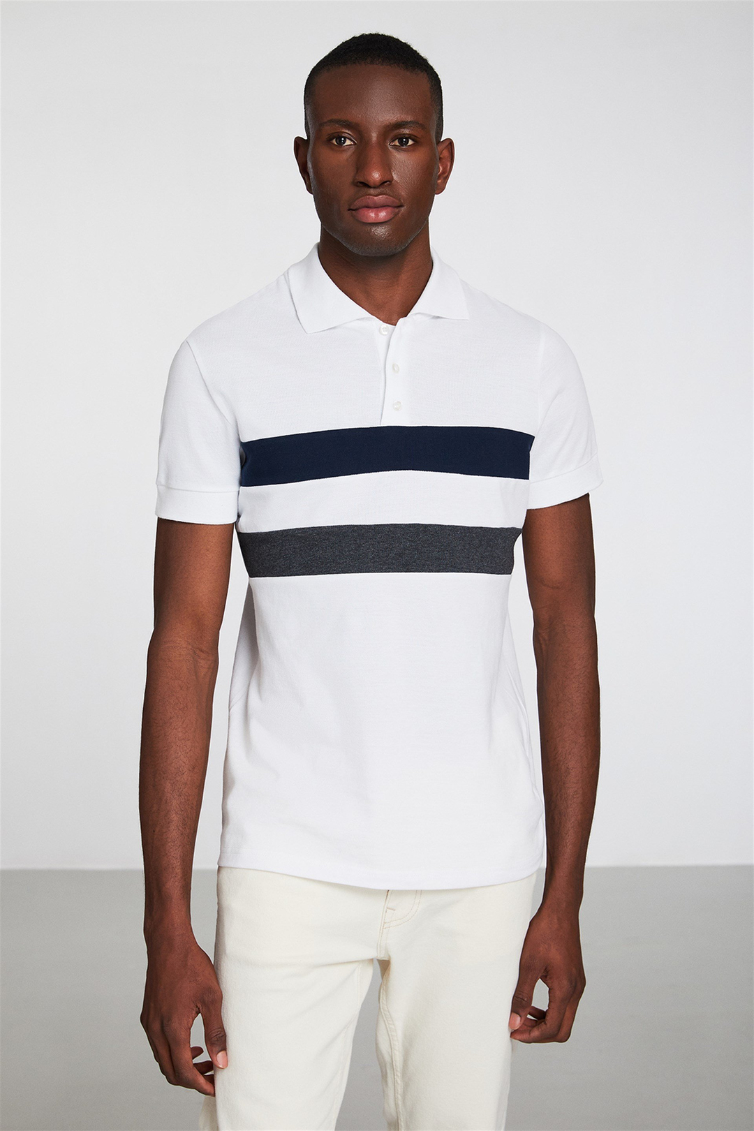 BENNET Erkek Beyaz Renk Bloklu Polo Yaka Slim Fit Polo Yaka T-shirt