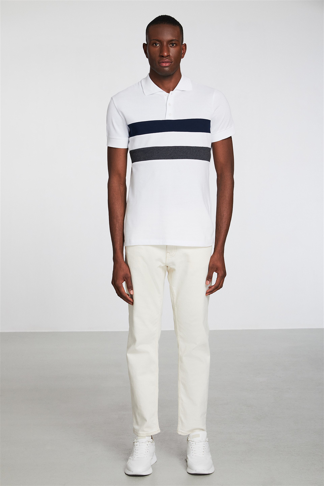 BENNET Erkek Beyaz Renk Bloklu Polo Yaka Slim Fit Polo Yaka T-shirt