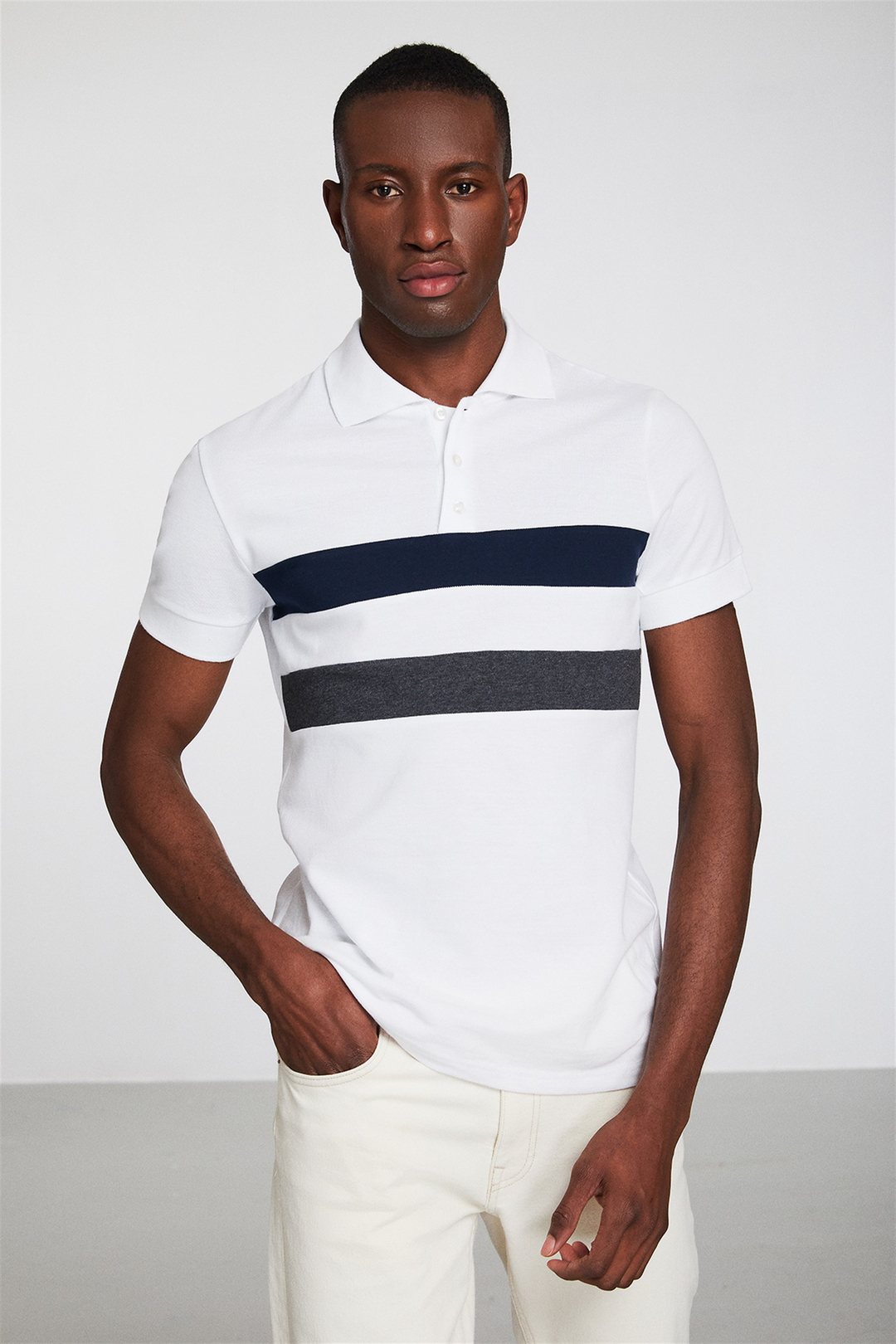 BENNET Erkek Beyaz Renk Bloklu Polo Yaka Slim Fit Polo Yaka T-shirt