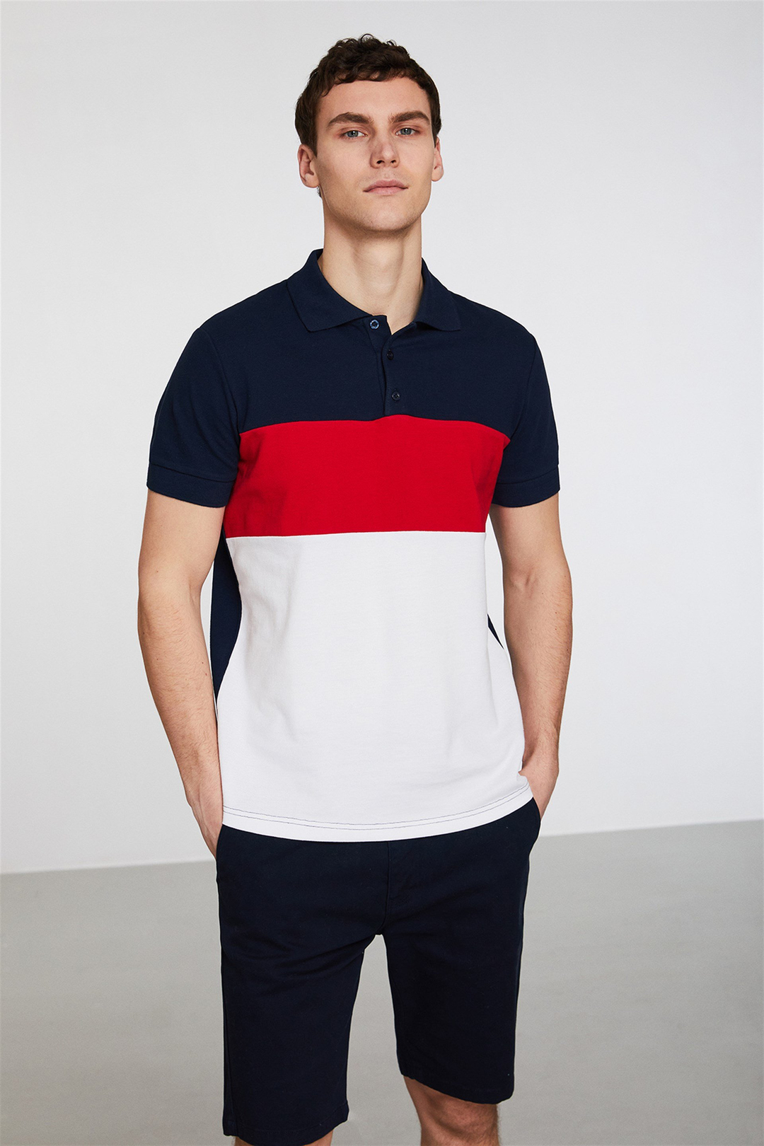 BENNET Erkek Lacivert Renk Bloklu Polo Yaka Slim Fit Polo Yaka T-shirt