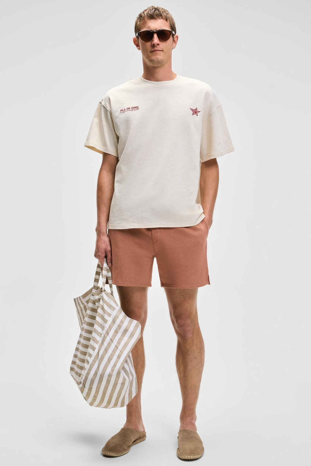 BERLI Erkek Bisiklet Yaka %100 Organik Pamuklu Oversize Fit Vanilya T-Shirt