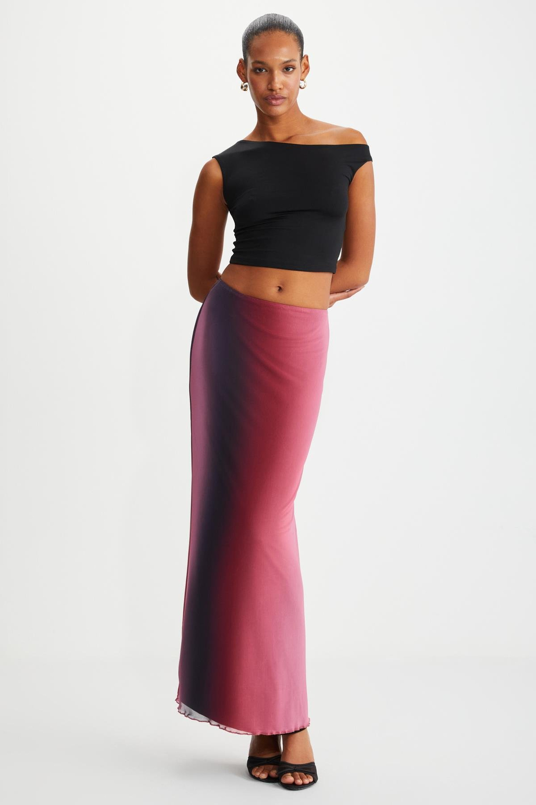 BEULAH Kadın Maxi Boy Slim Fit Beli Lastikli Tül Batik Desenli Kırmızı - Siyah - Pembe Etek