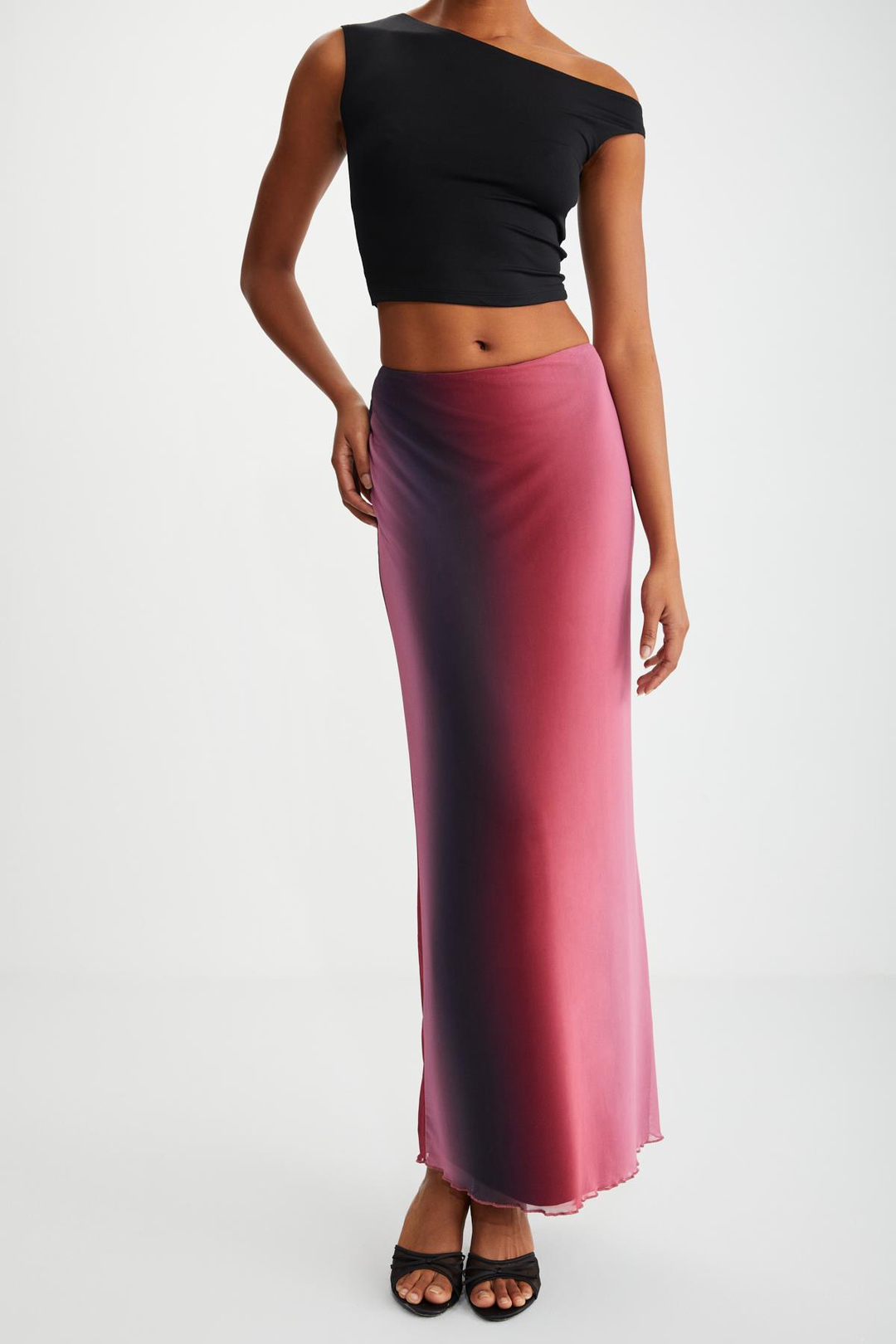 BEULAH Kadın Maxi Boy Slim Fit Beli Lastikli Tül Batik Desenli Kırmızı - Siyah - Pembe Etek