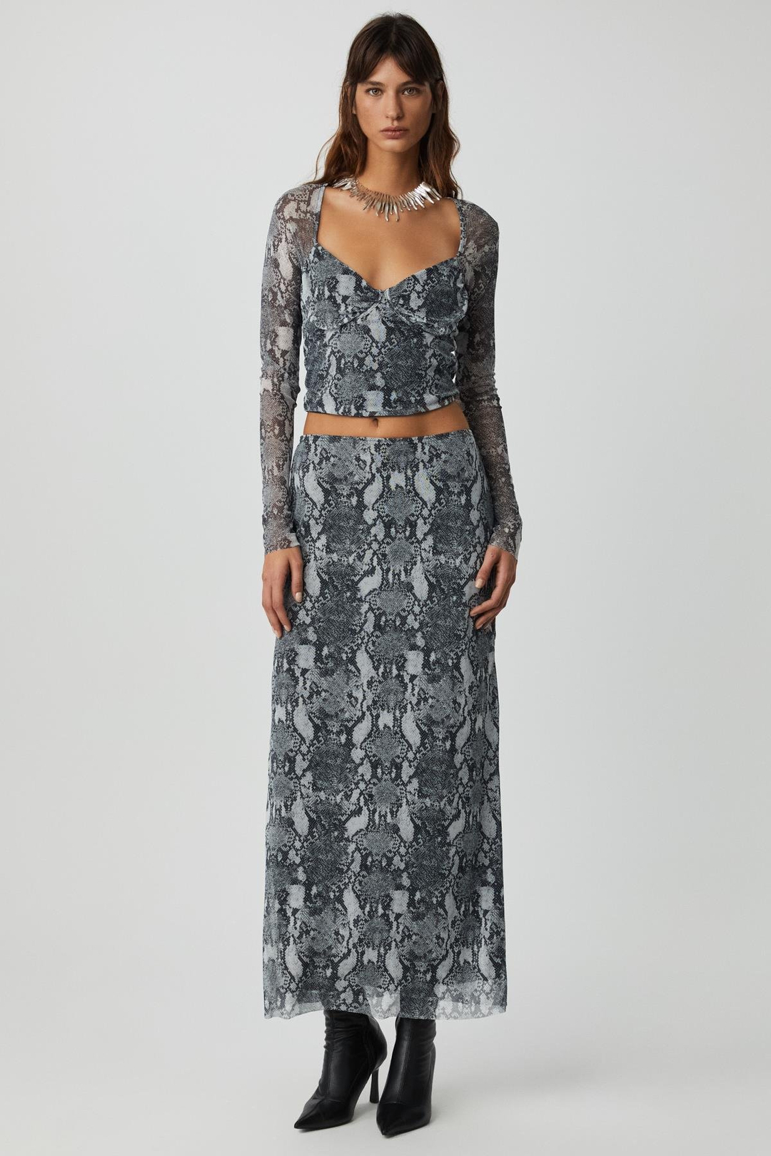BEULAH Kadın Maxi Boy Slim Fit Beli Lastikli Tül Batik Desenli Yılan Desenli Etek