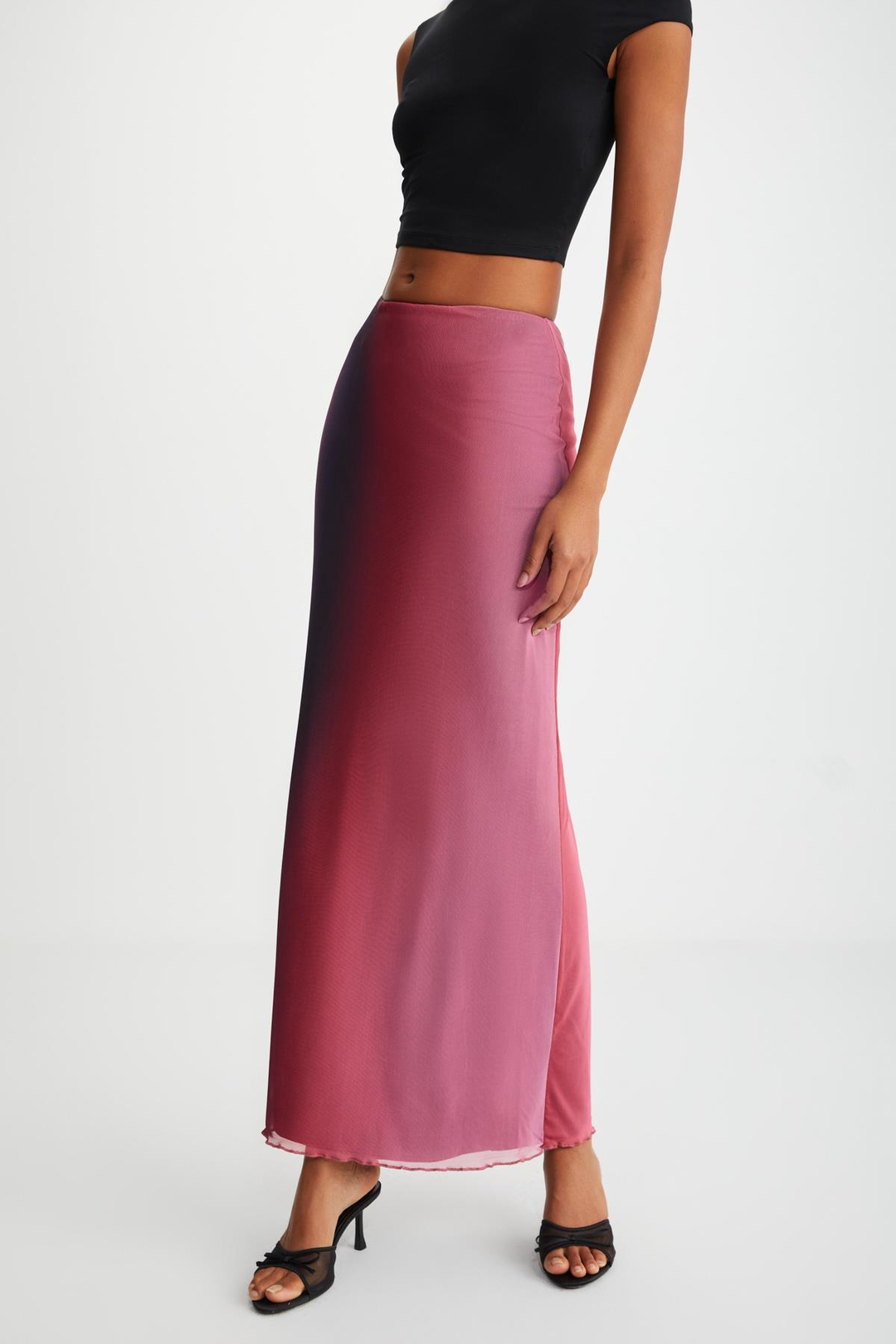 BEULAH Kadın Maxi Boy Slim Fit Beli Lastikli Tül Batik Desenli Kırmızı - Siyah - Pembe Etek