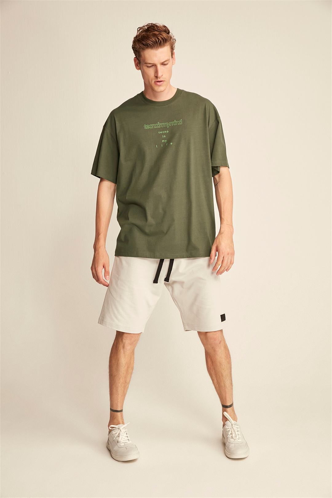 BIEBER Erkek Haki Baskılı Yuvarlak Yaka Oversize T-Shirt