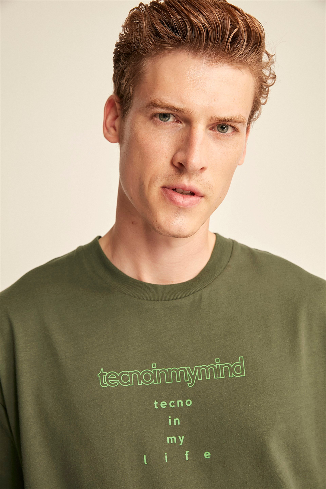BIEBER Erkek Haki Baskılı Yuvarlak Yaka Oversize T-Shirt
