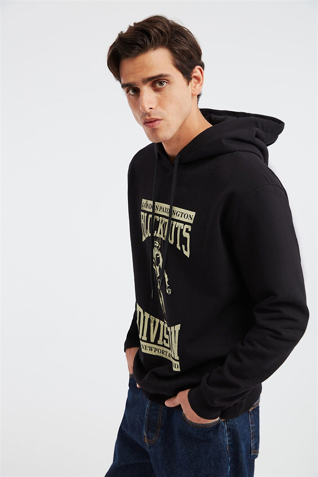 BLOCKOUT Erkek Siyah Baskılı Kapüşonlu Comfort Fit Sweatshirt