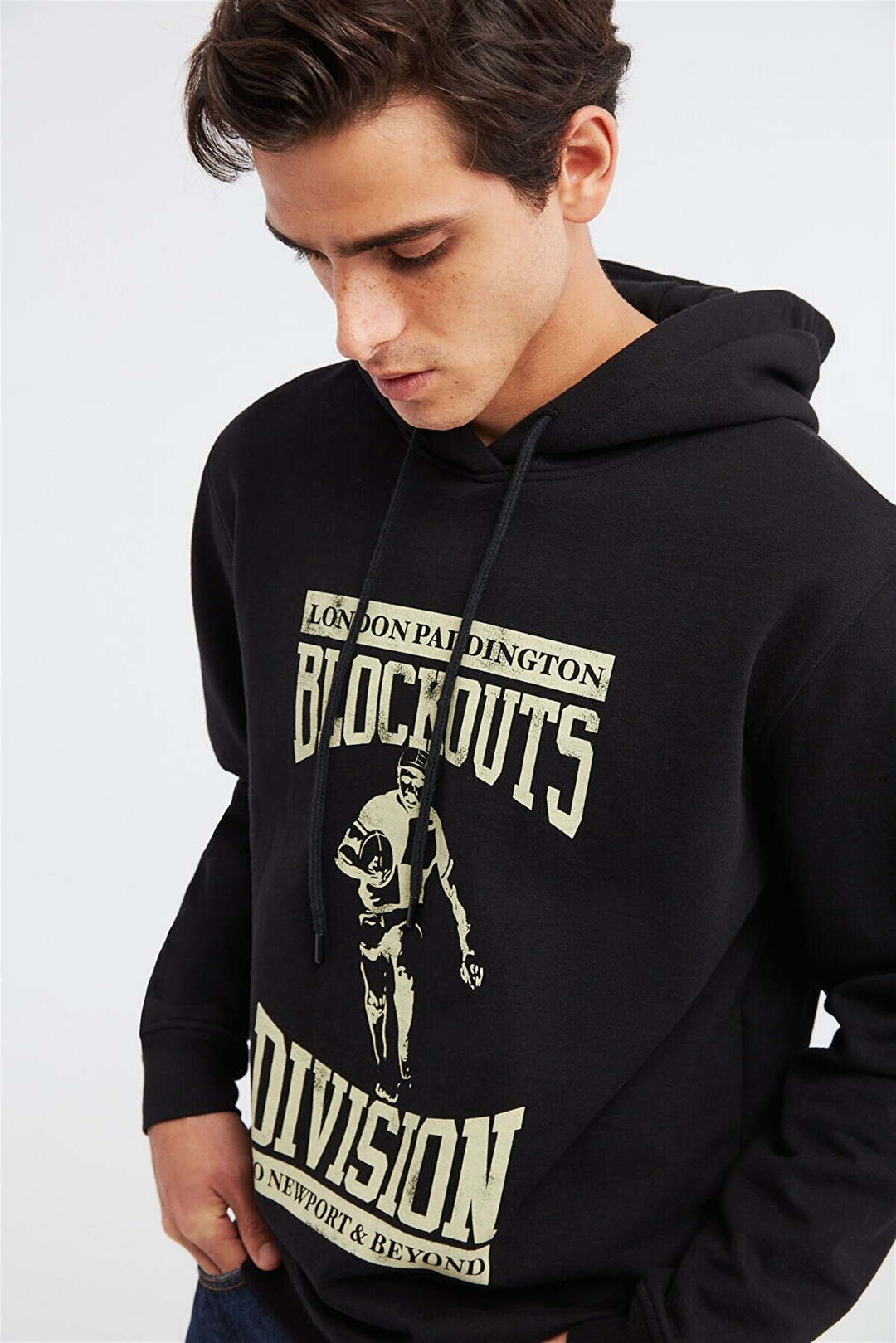 BLOCKOUT Erkek Siyah Baskılı Kapüşonlu Comfort Fit Sweatshirt