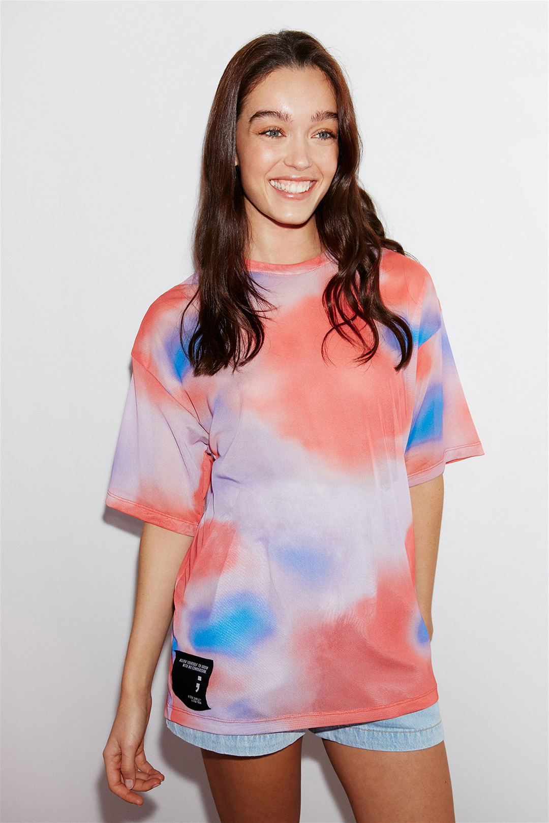 BONBON Kadın Pembe Batik Desenli Tül Yuvarlak Yaka Oversize T-Shirt