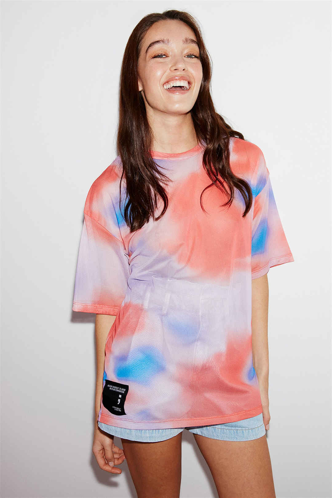 BONBON Kadın Pembe Batik Desenli Tül Yuvarlak Yaka Oversize T-Shirt