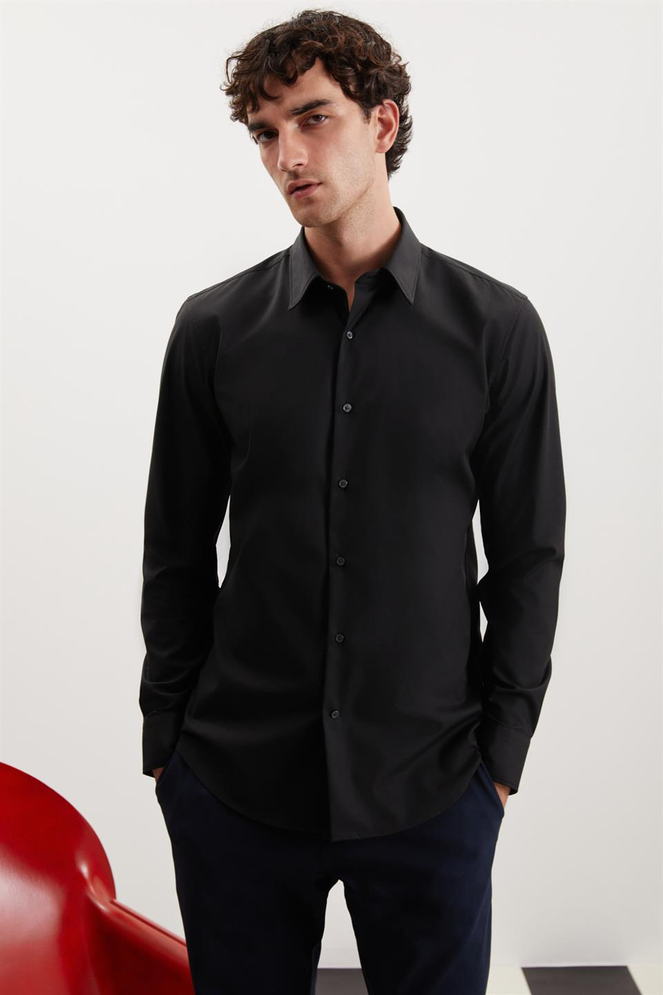 BRANHAM Esnek Slim Siyah  Gömlek